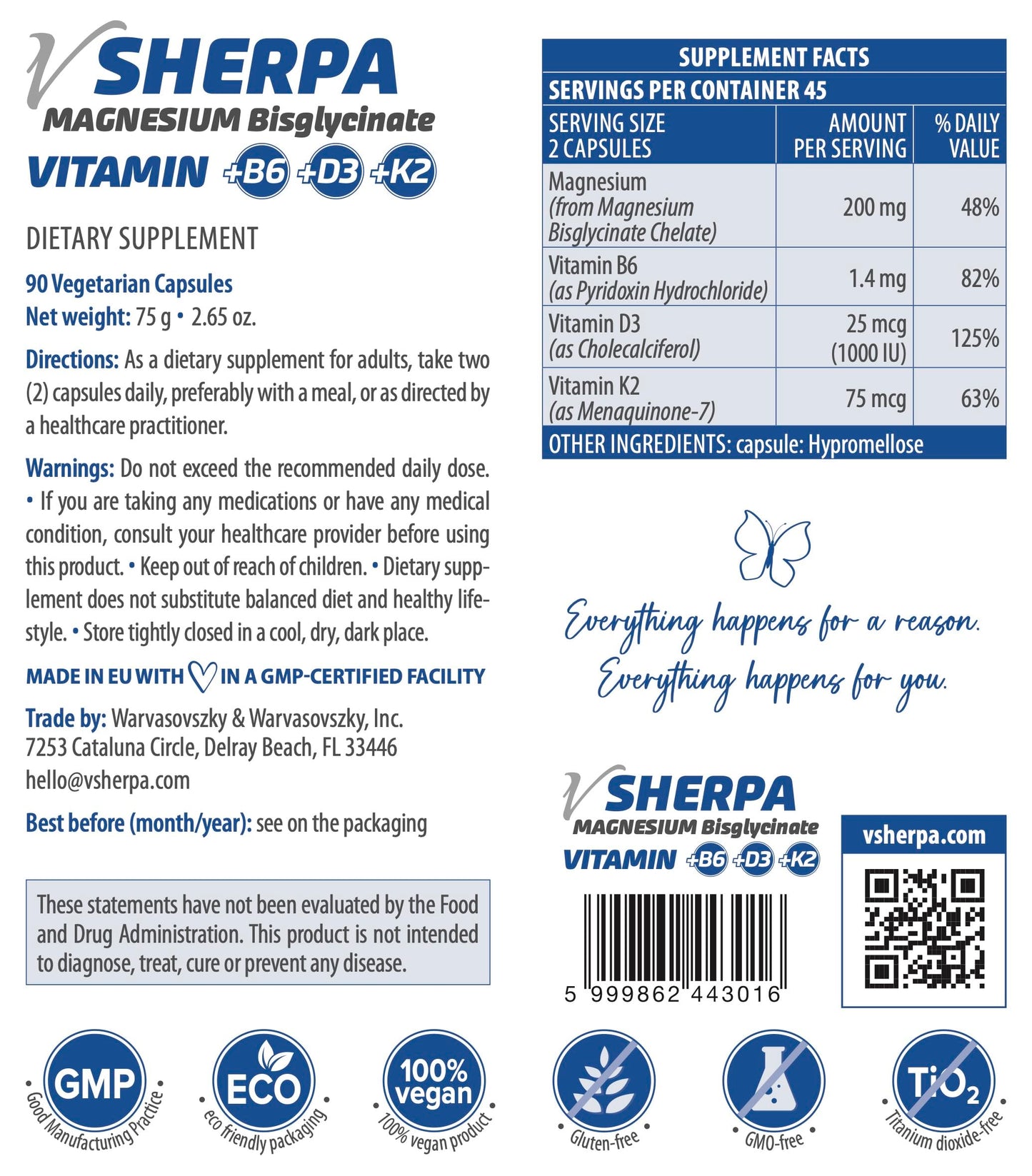 vSherpa Magnesium Bisglycinate + Vitamin B6, D3, and K2 Premium Vegan Dietary Supplement for Muscle, Bone, and Nerve Health, 90 Capsules