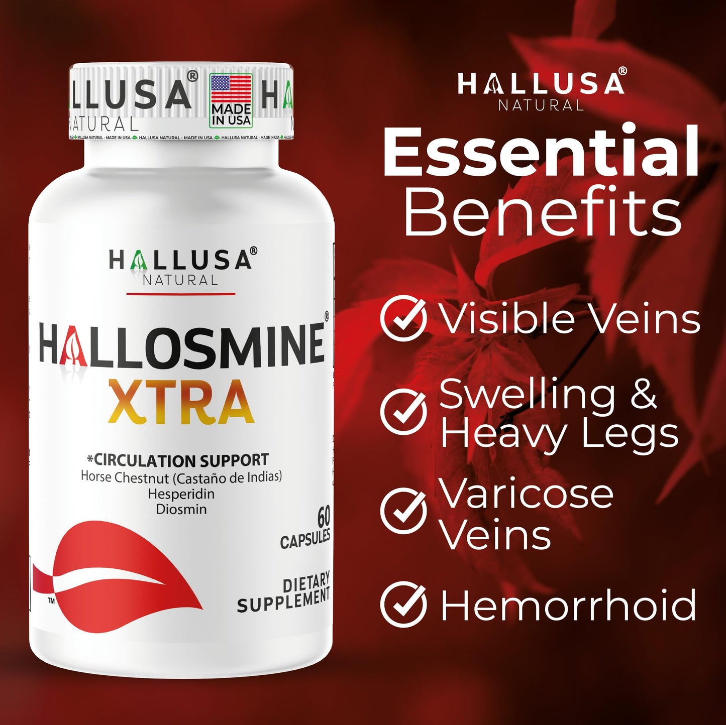 Hallusa Natural Hallosmine Xtra 850mg Diosmin Hesperidin & Horse Chestnut Capsules 60 Count