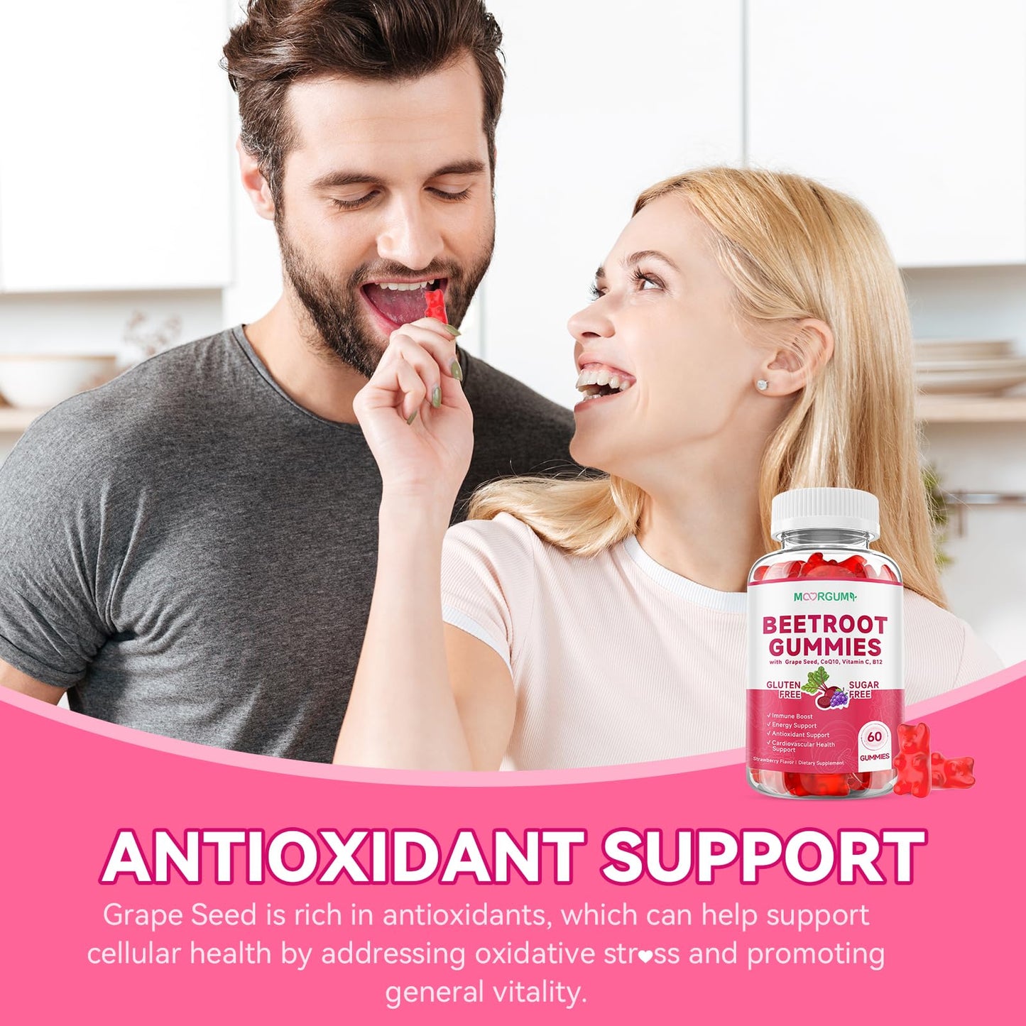 MOORGUMY Beetroot Gummies with Grape Seed, Niacin, CoQ10, Vitamin C, B12, L-Citrulline & L-Arginine, Antioxidant Support, Sugar-Free Beet Root Supplement for Women & Men, 60 Gummies