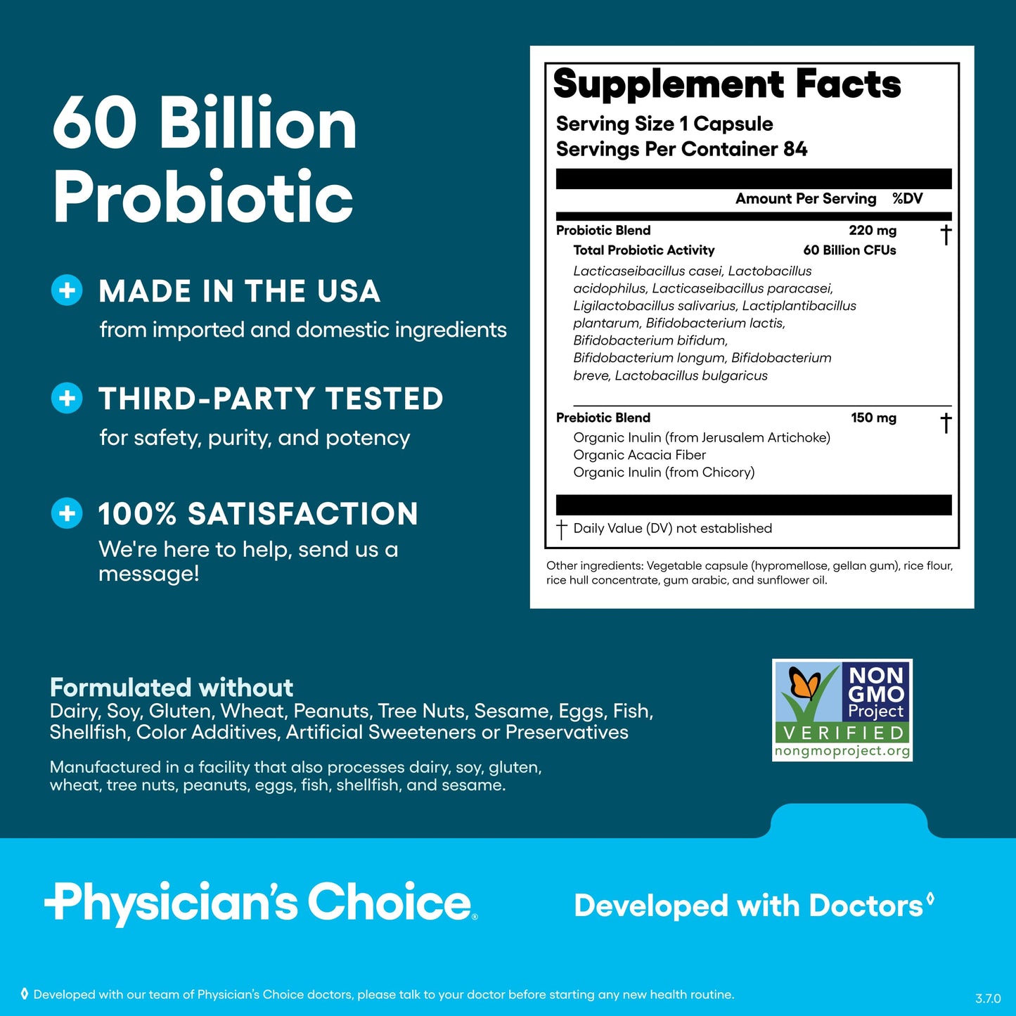 Physician's CHOICE Probiotics 60 Billion CFU - 10 Strains + Organic Prebiotics Capsule, 84 Count
