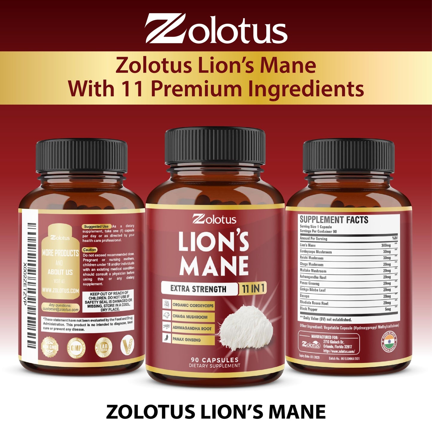 Zolotus 11 in 1 Lions Mane Mushroom Capsules, 90 Capsules