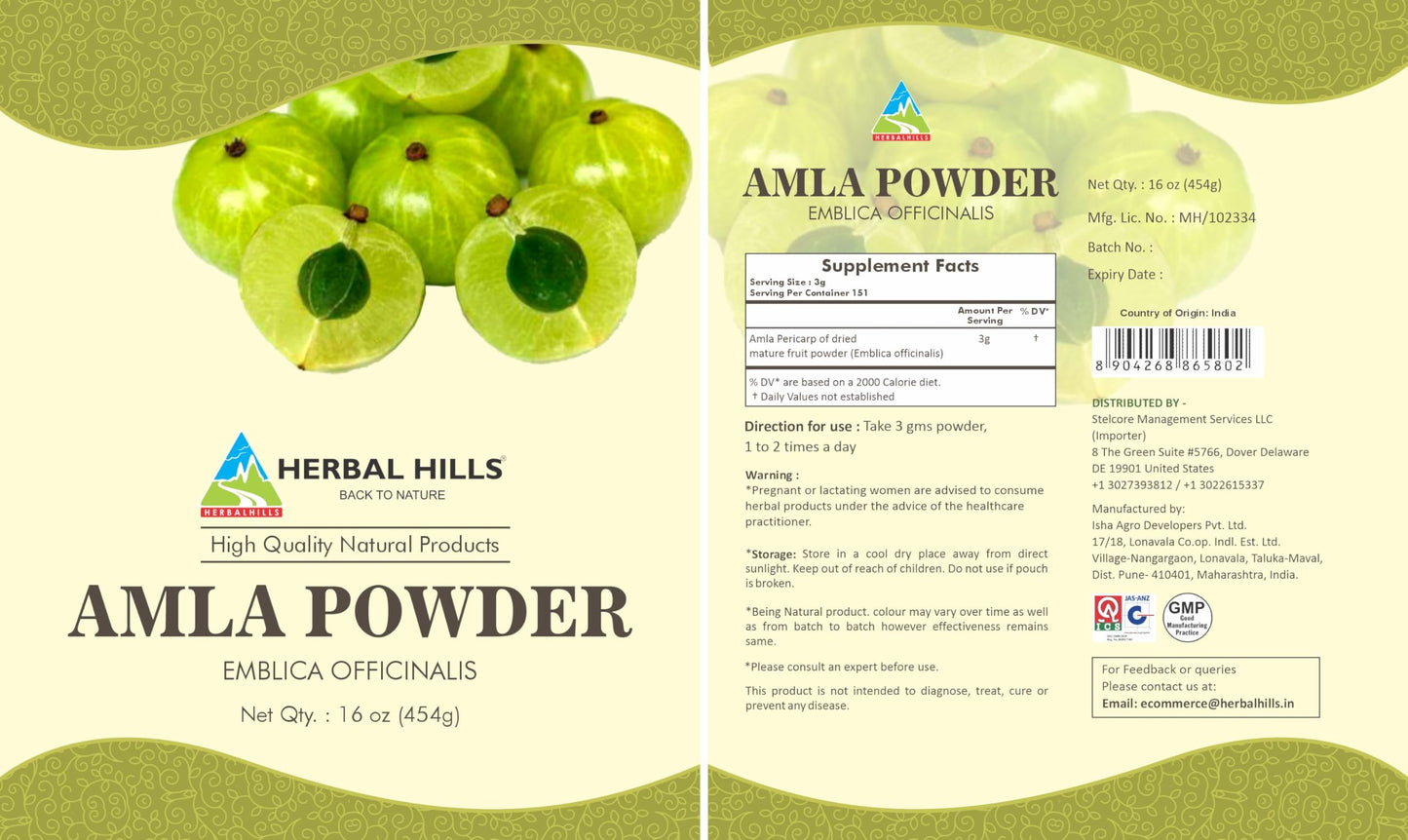 Herbal Hills Amla Powder 16 Ounce