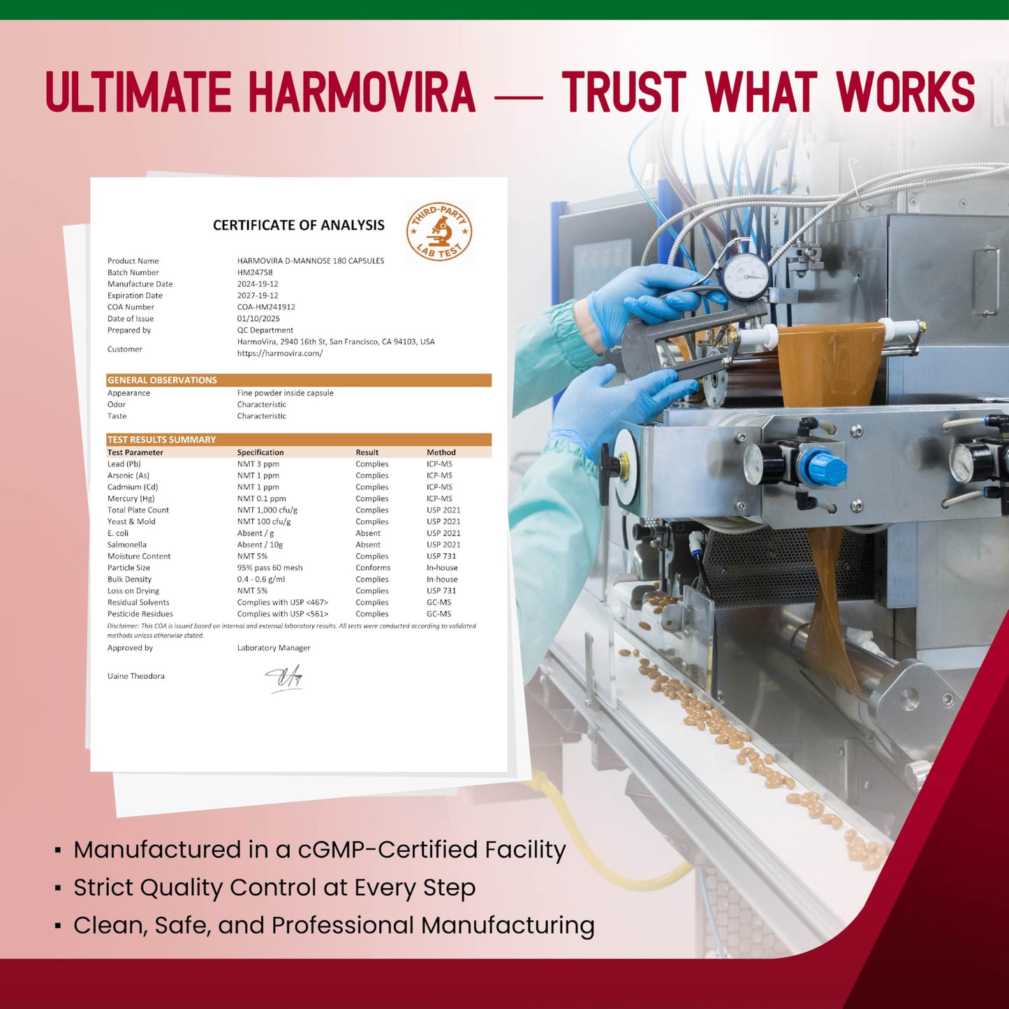 HarmoVira Liposomal D-Mannose Cranberry Supplement Capsules, 180