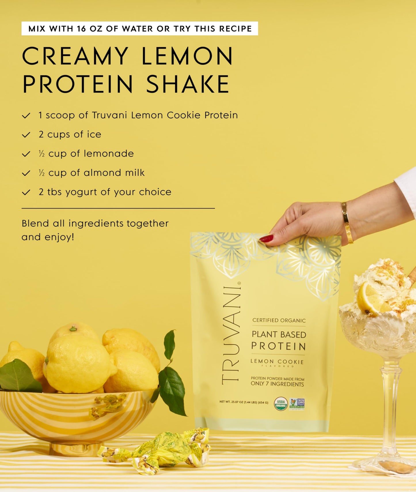 Truvani Vegan Pea Protein Powder Lemon Cookie, 20 Servings