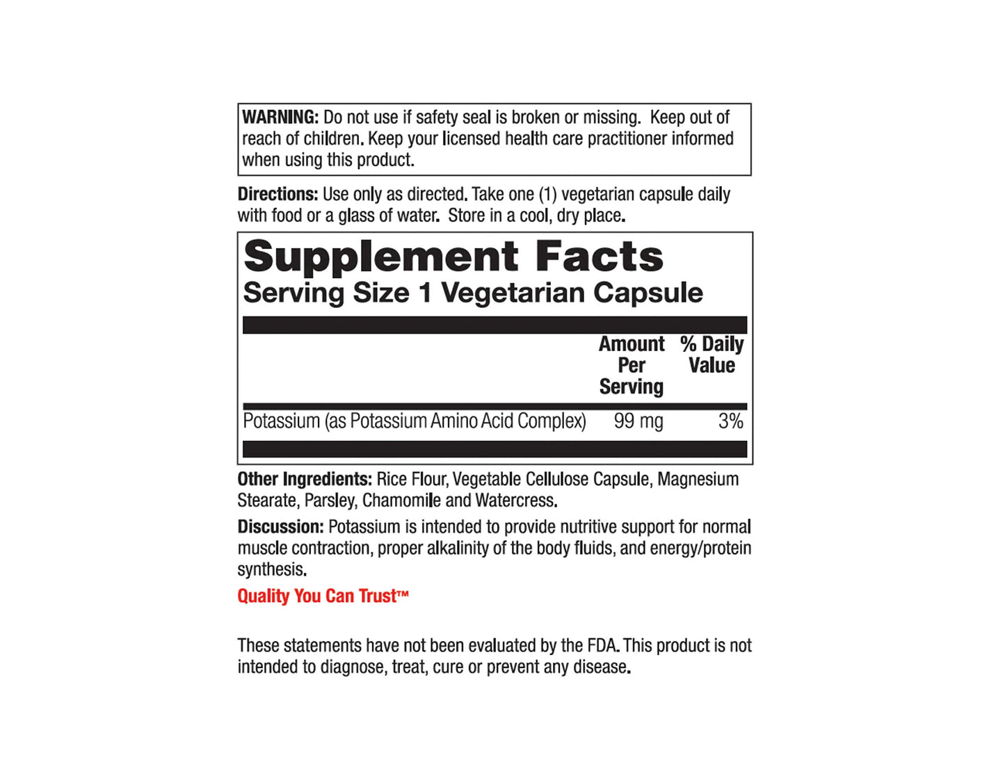Nature's Life Potassium 99 mg Capsules, 250 Count