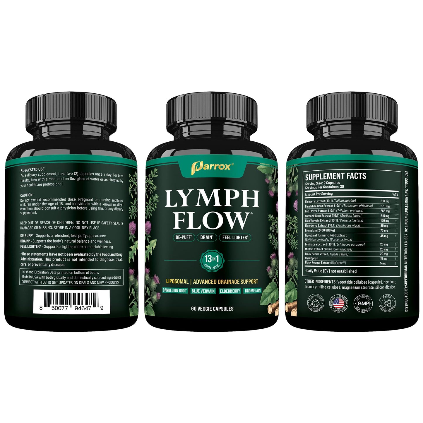 Parrox Liposomal Lymphatic Drainage Supplement, Cleavers & Dandelion, 60 Capsules