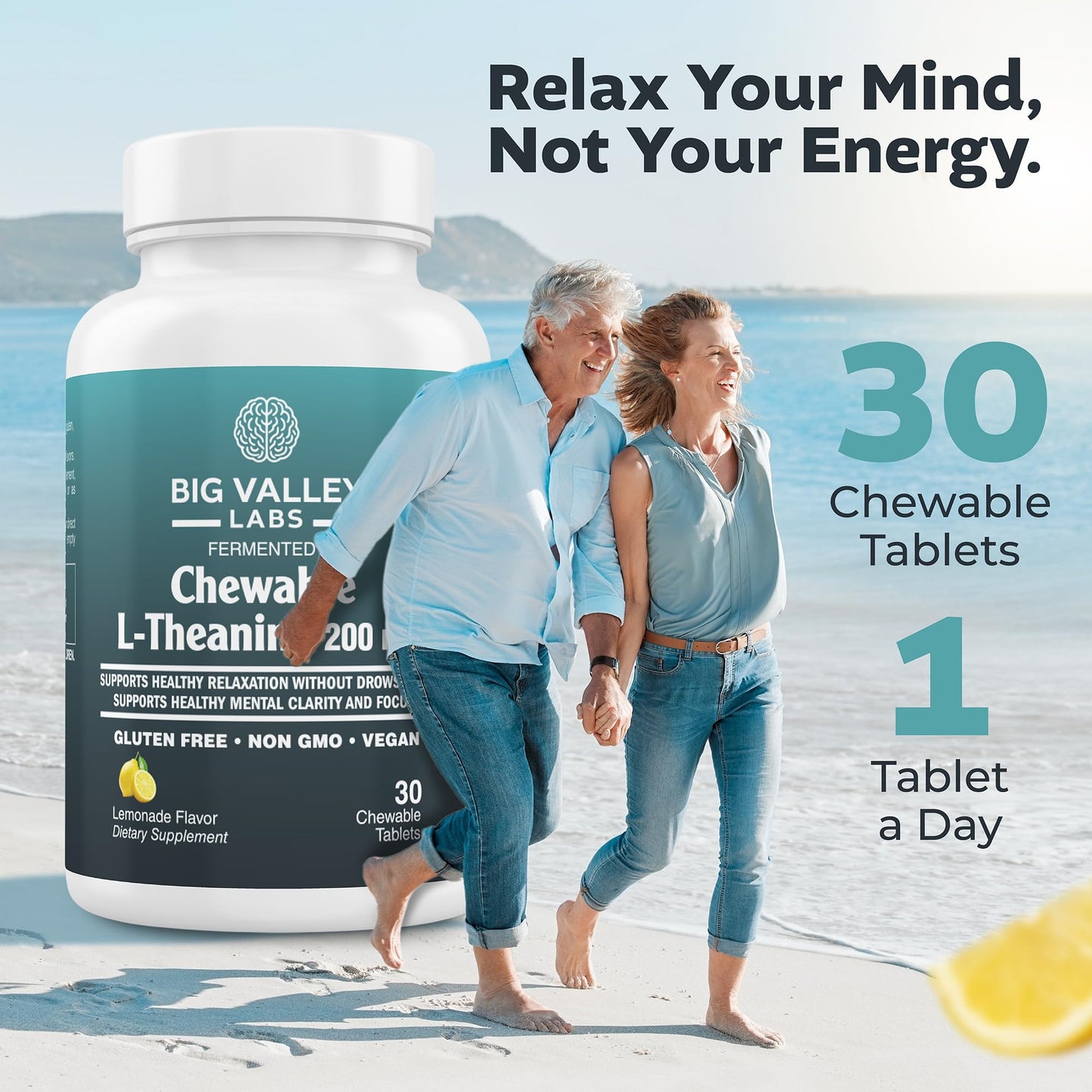 Big Valley Labs L-Theanine 200 mg Chewable Tablet – AlphaWave® Lemonade Flavor – Vegan, Non-GMO, Gluten-Free Supplement for Calm, Focus and Brain Function, 30 Chewable Tablets
