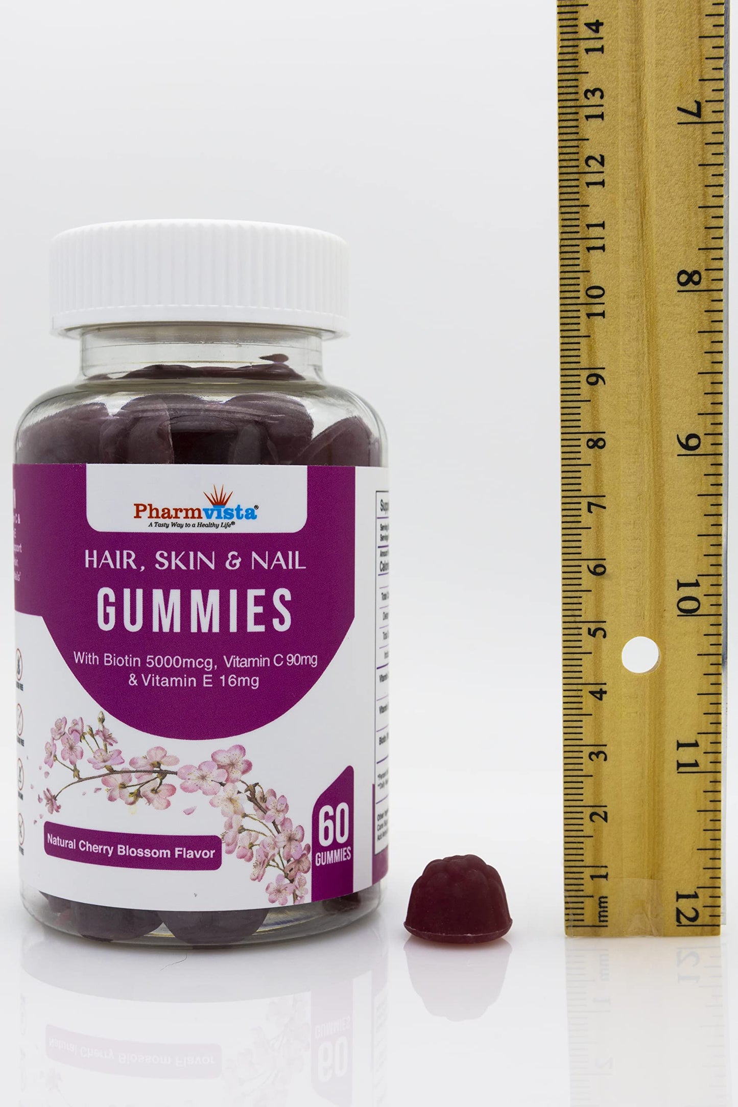 Pharmvista Hair Skin & Nail Vitamin Gummies with Biotin, Vitamin C & E - Vegan, Gluten-Free & Non-GMO - 60 Gummies