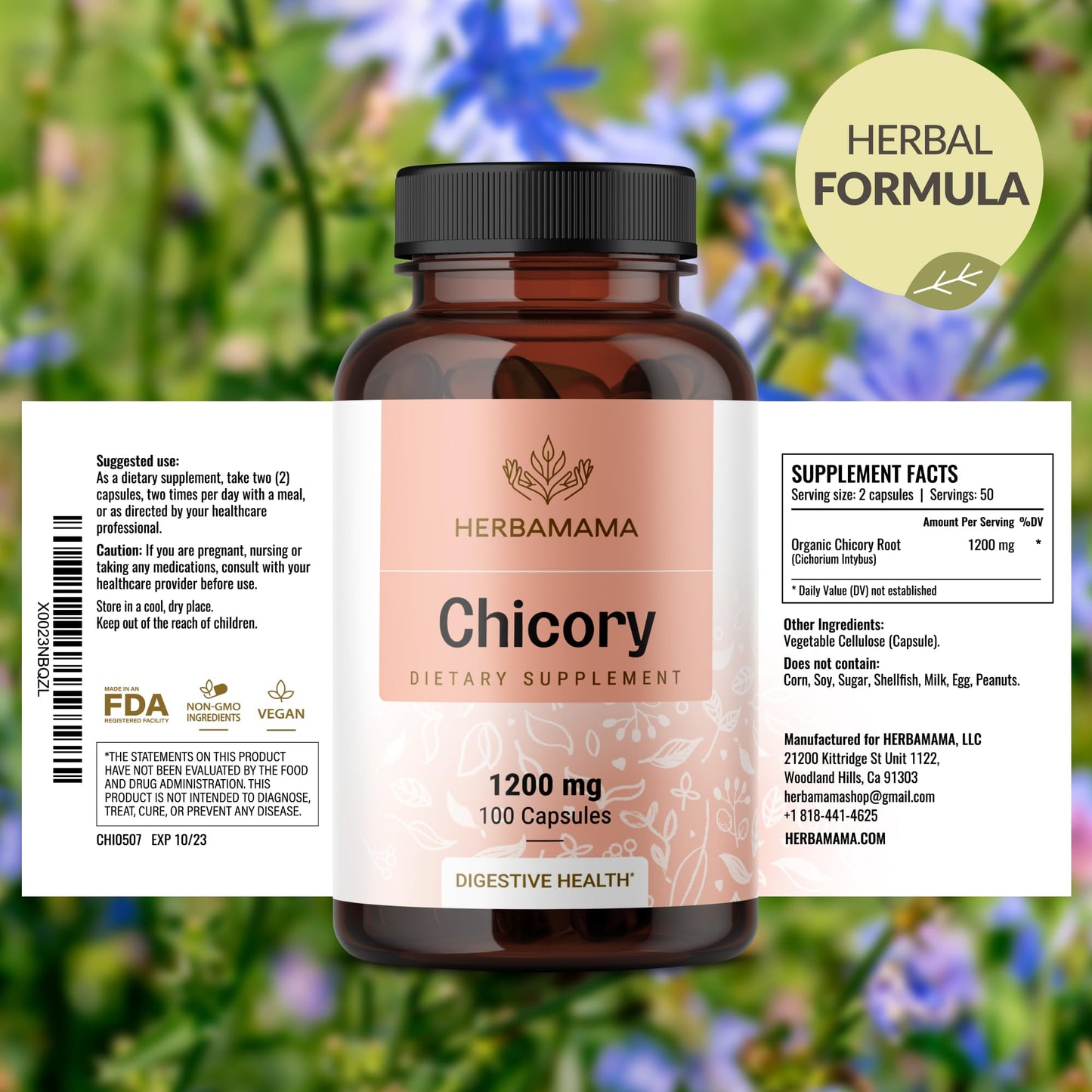 HERBAMAMA Chicory Root Fiber Capsules 1200mg for Gut Cleanse & Digestive Support - Vegan, Non-GMO Inulin Prebiotic Fiber Supplement, 100 Capsules