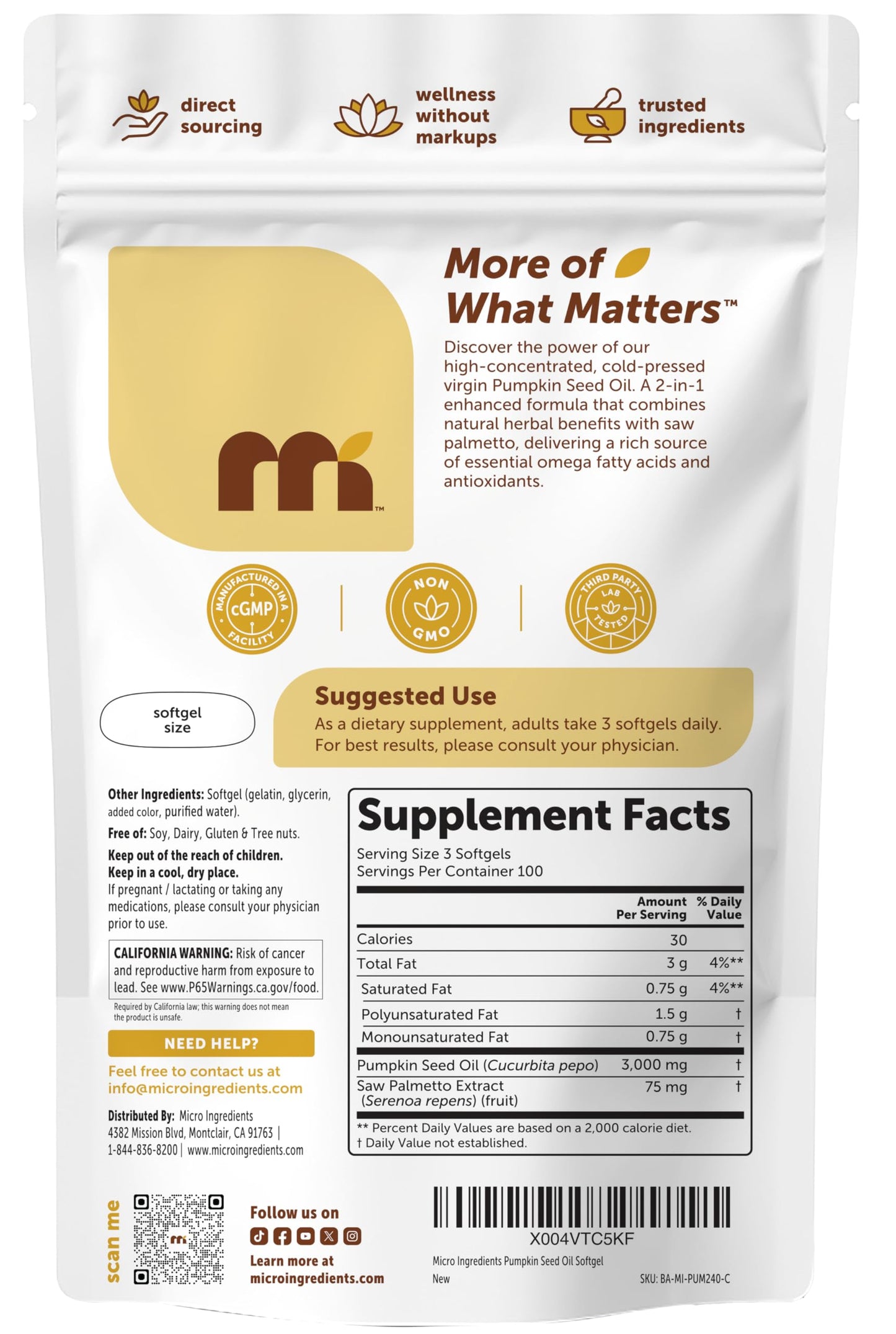 Micro Ingredients Pumpkin Seed Oil with Saw Palmetto Softgels 300 Count