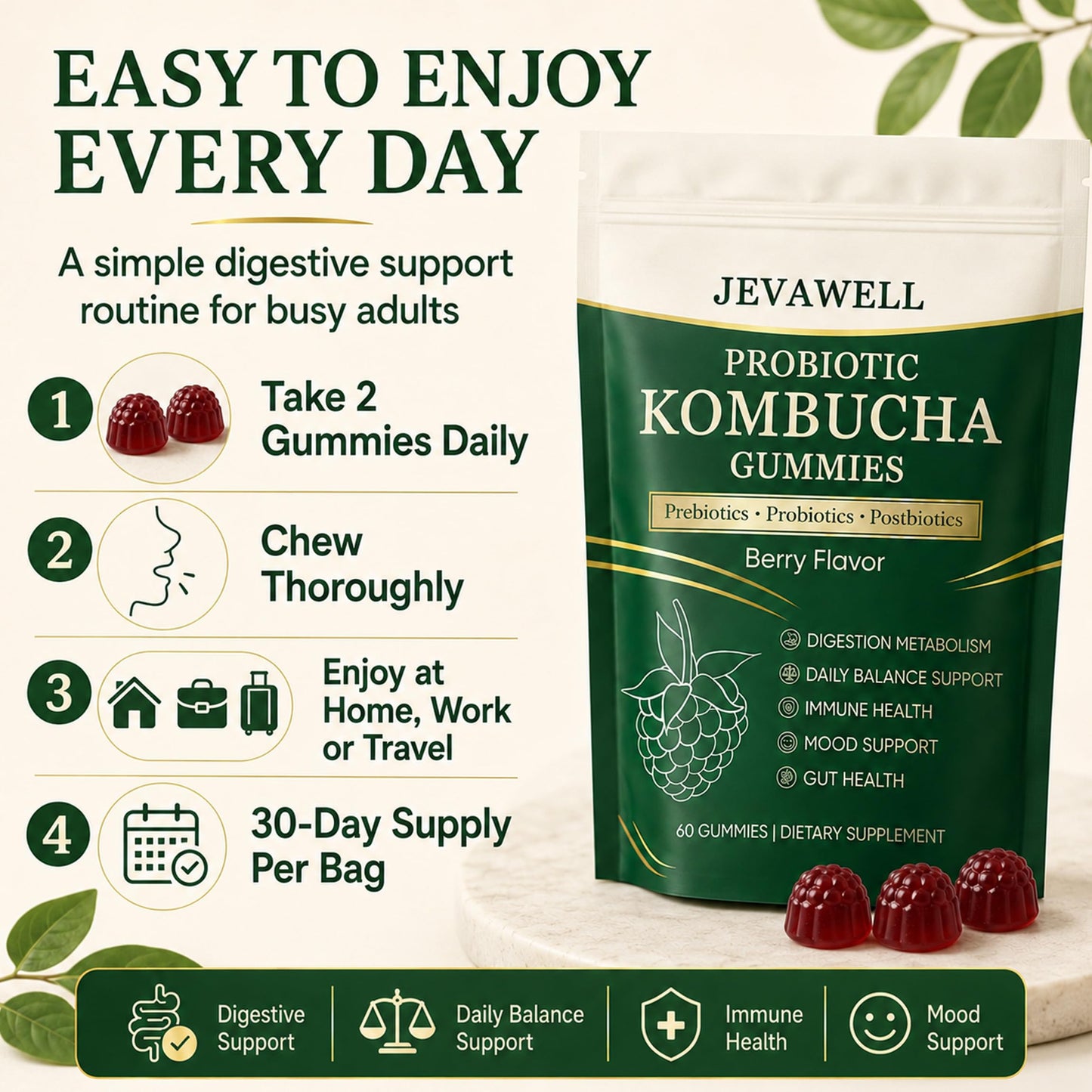 YANJIAYI Jevawell Kombucha Gummies, 60 Gummies