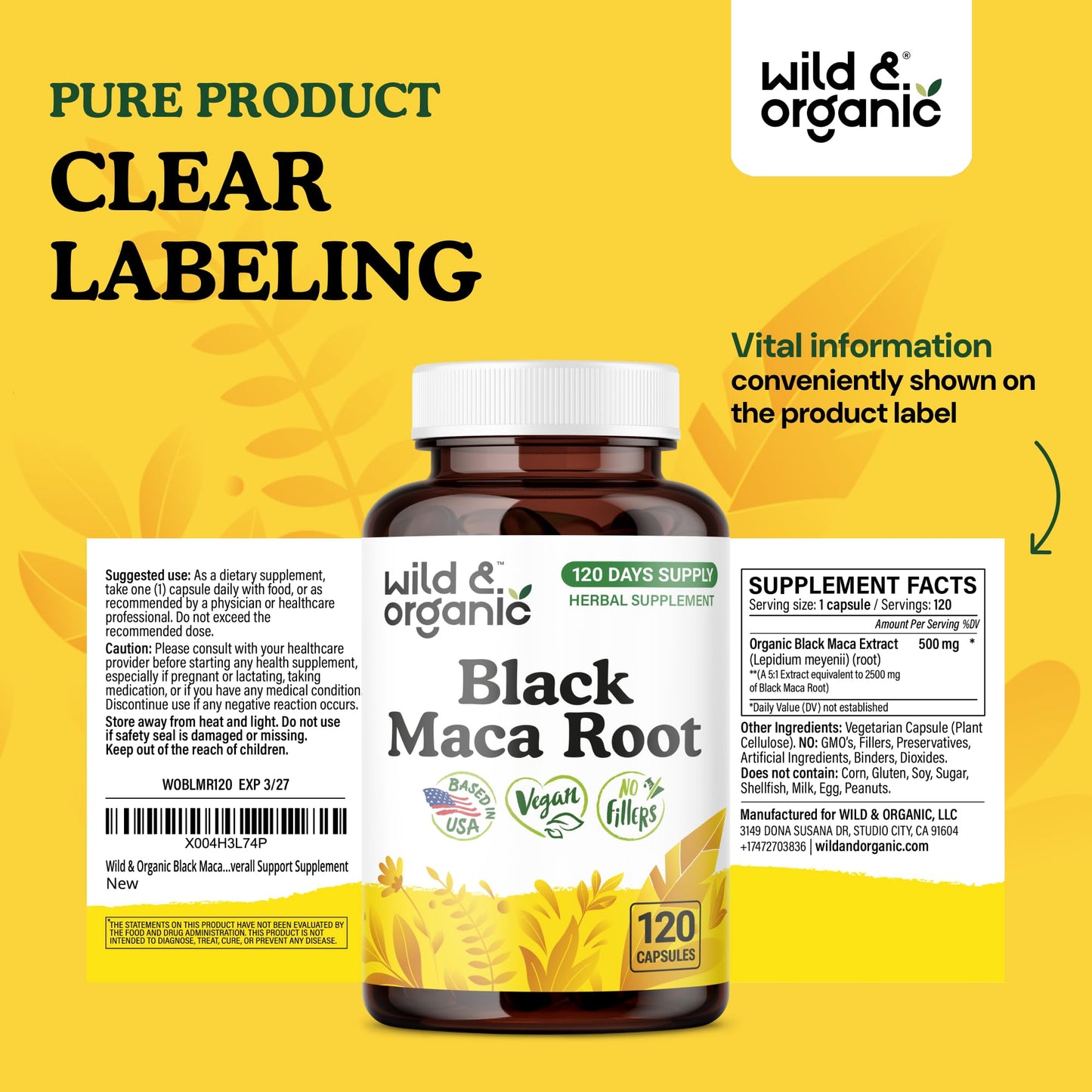 Wild & Organic Black Maca 500 mg Capsules, 120 Count