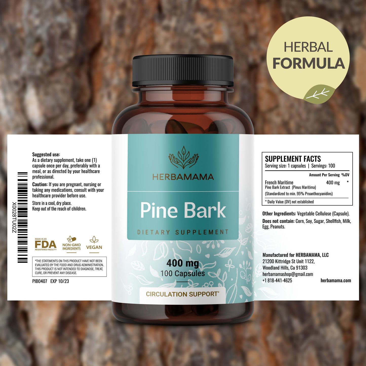 HERBAMAMA Pine Bark Extract Capsules 400mg French Maritime Pine Bark Extract Powder for Antioxidant Support - Vegan, Non-GMO Pinus Pinaster Supplement, 100 Capsules