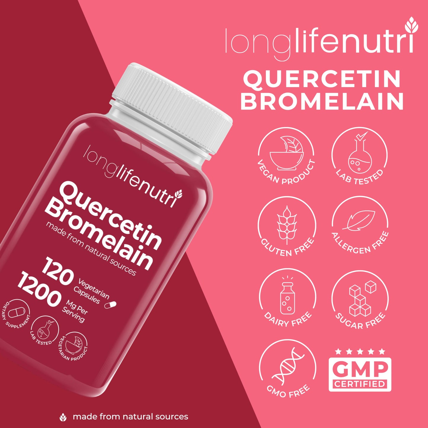 LongLifeNutri Quercetin 1000mg with Bromelain 200mg 120 Capsules