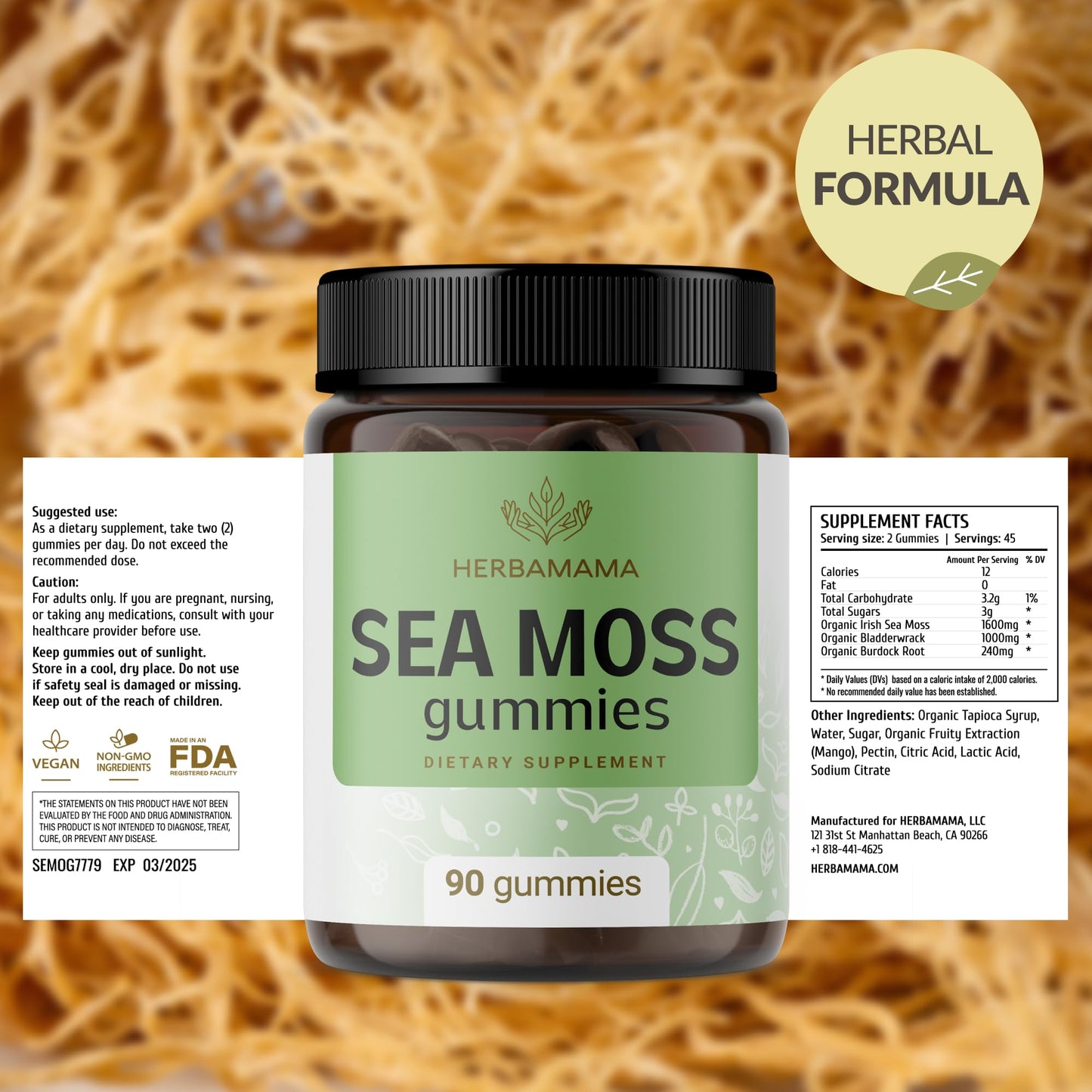 HERBAMAMA Sea Moss Gummies 1600 mg for Thyroid Support – Immune Support with Bladderwrack and Burdock Root, Vegan, Non-GMO, 90 Gummies
