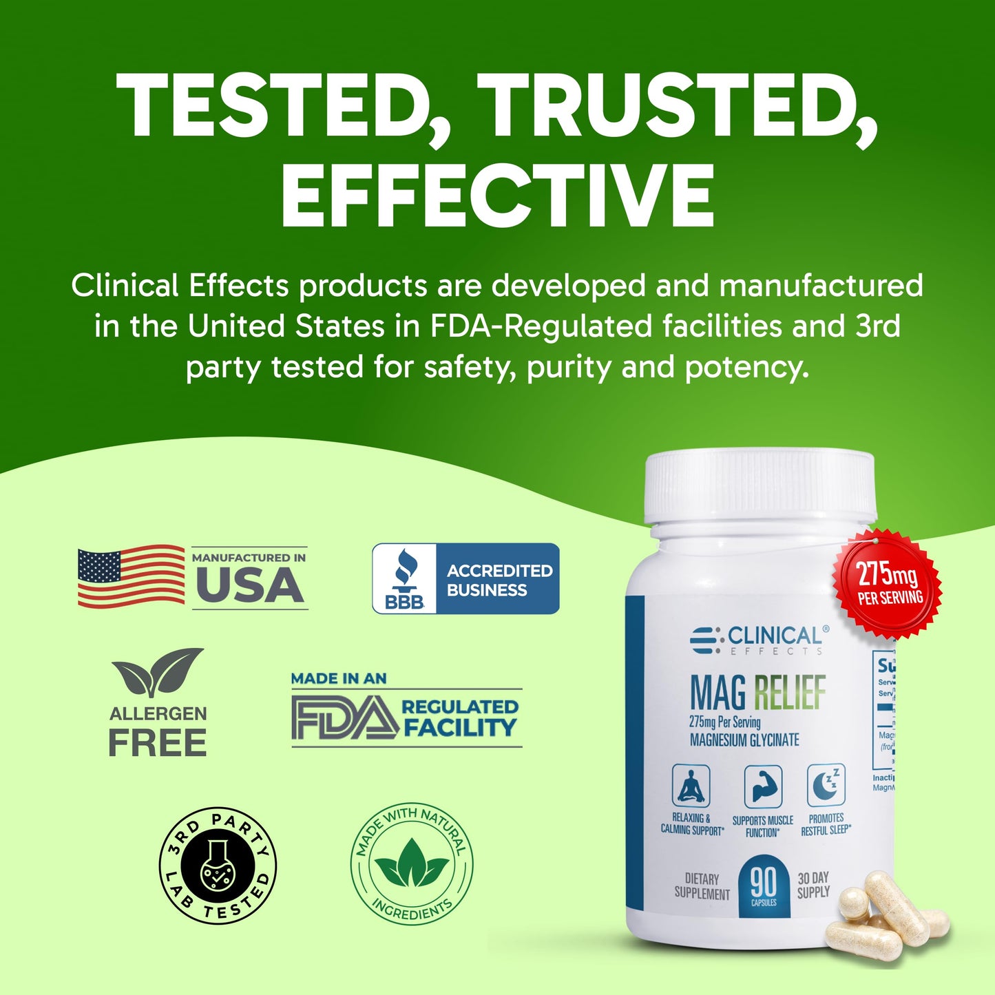 Clinical Effects Mag Relief Magnesium Glycinate Capsules 275mg, 90 Capsules