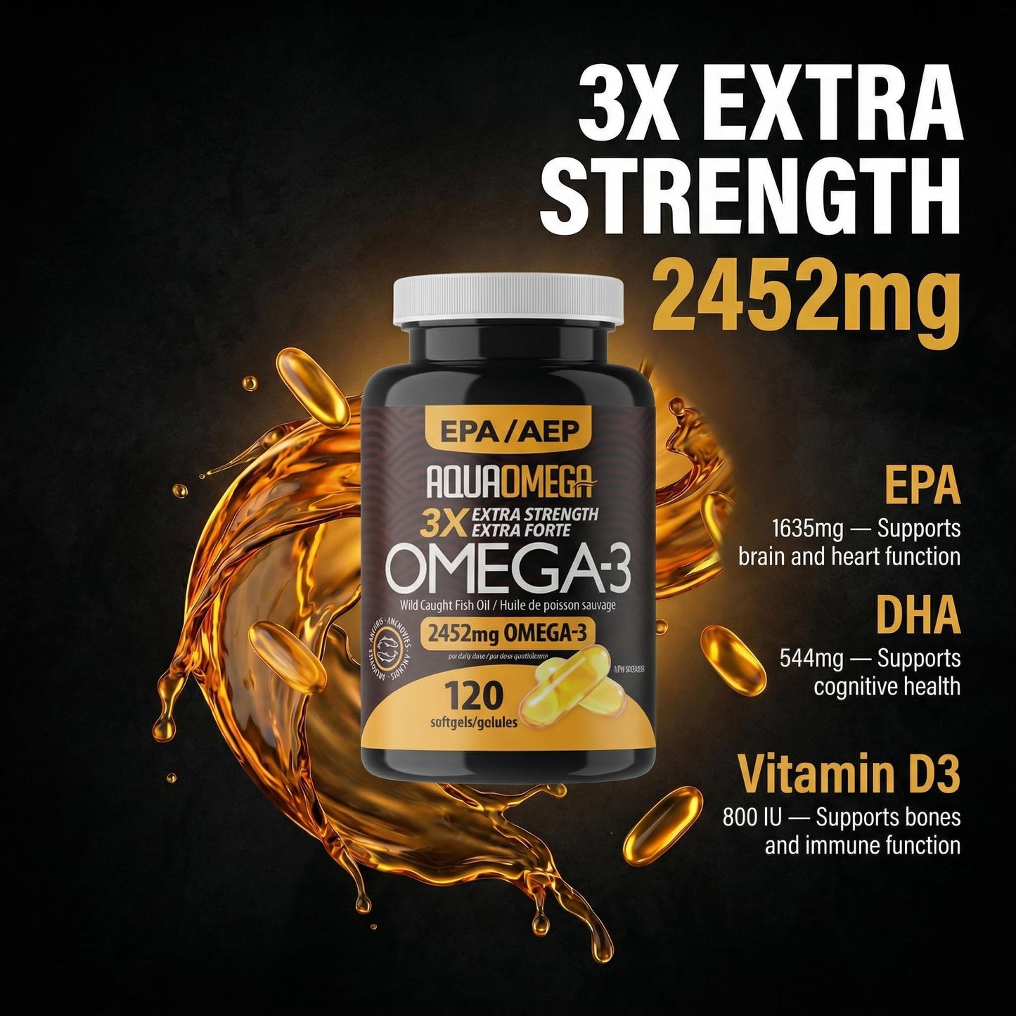 AQUA OMEGA 3X Extra Strength Omega-3 Fish Oil Softgels, 120 Count