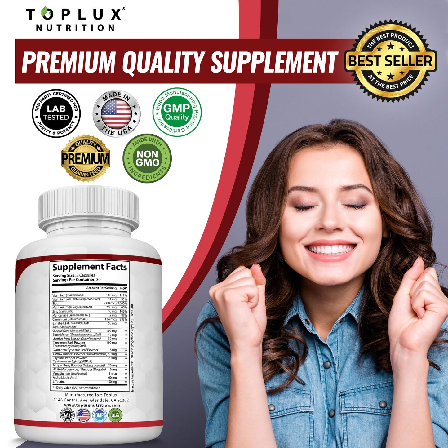 Toplux Premium Natural Balance Blend Complex Supplement - Natural 20 Herbs and Vitamins with Cinnamon Non-GMO Vegan, for Men Women, 60 Capsules