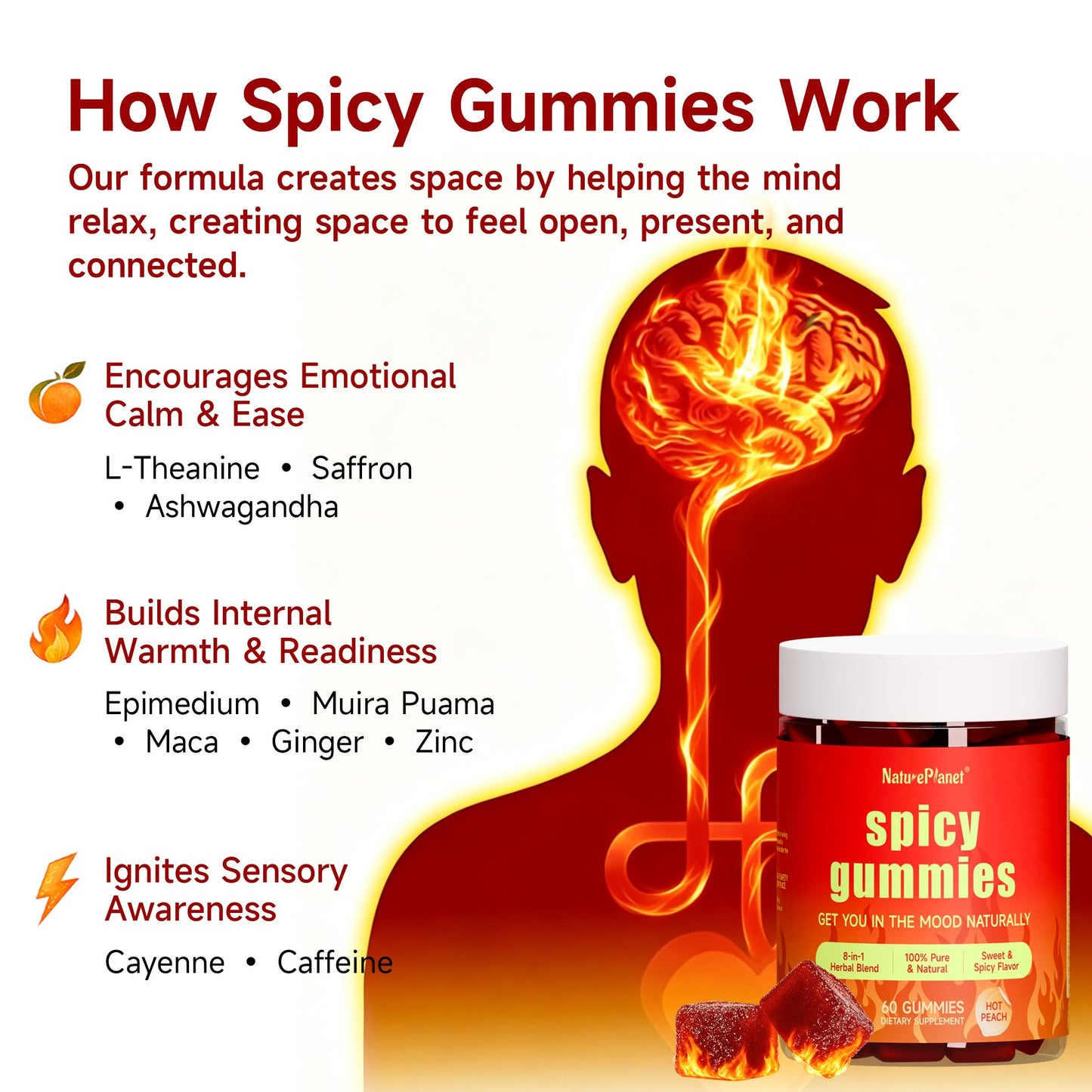 NaturePlanet Spicy Gummies Mood & Stress Support with L-Theanine, Saffron, Ashwagandha, Epimedium, Muira Puama, Maca, Hot Peach Flavor, 60 Gummies