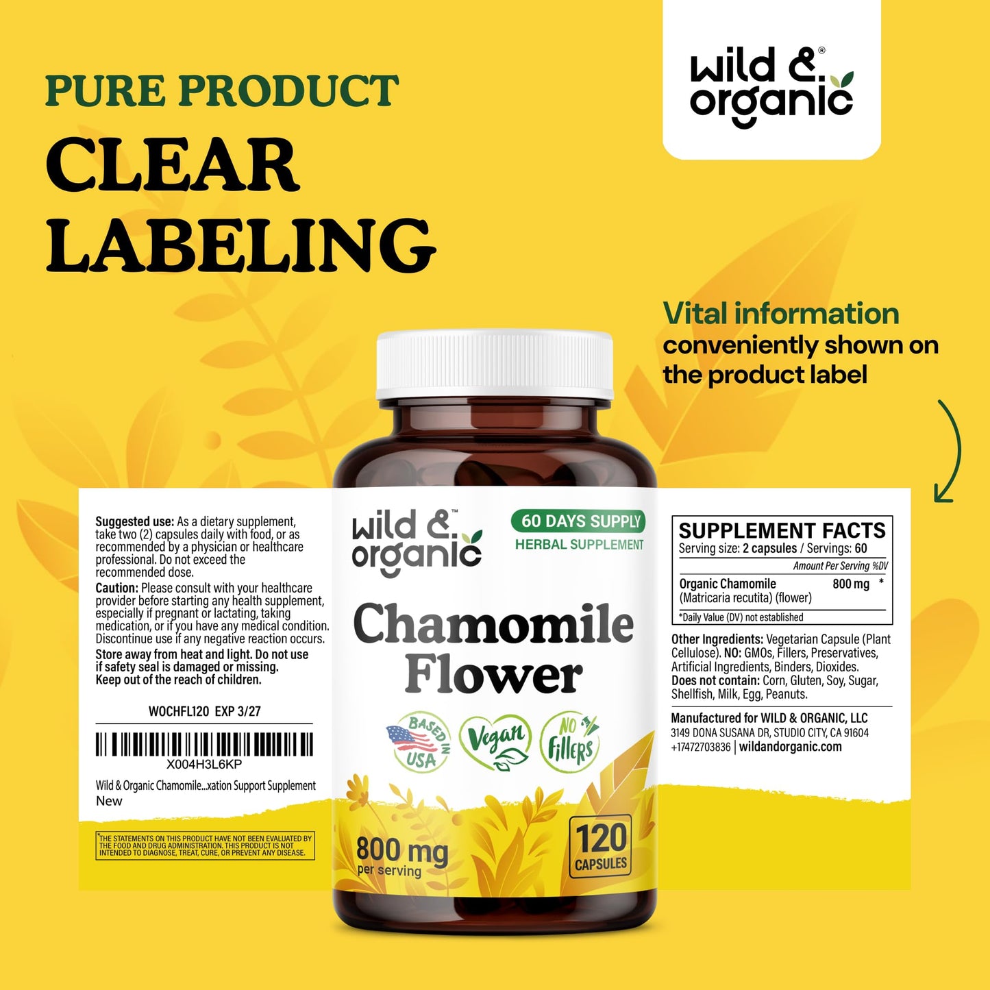 Wild & Organic Chamomile Capsules 800 mg 120 Count