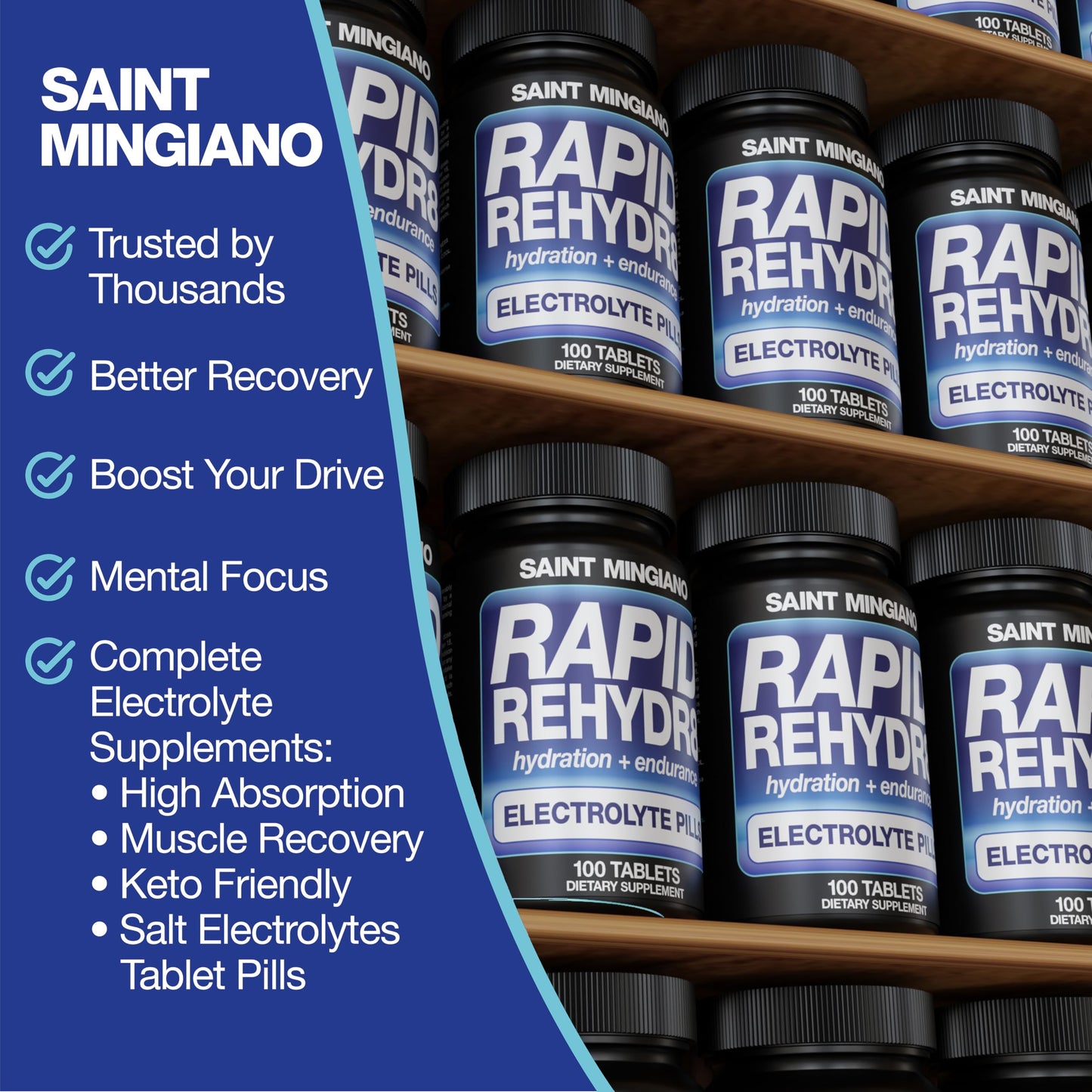 Saint Mingiano Rapid Rehydr8 Electrolyte Supplements – Aid in the Prevention of Cramping and Supports Muscle Endurance and Recovery, 100 Capsules