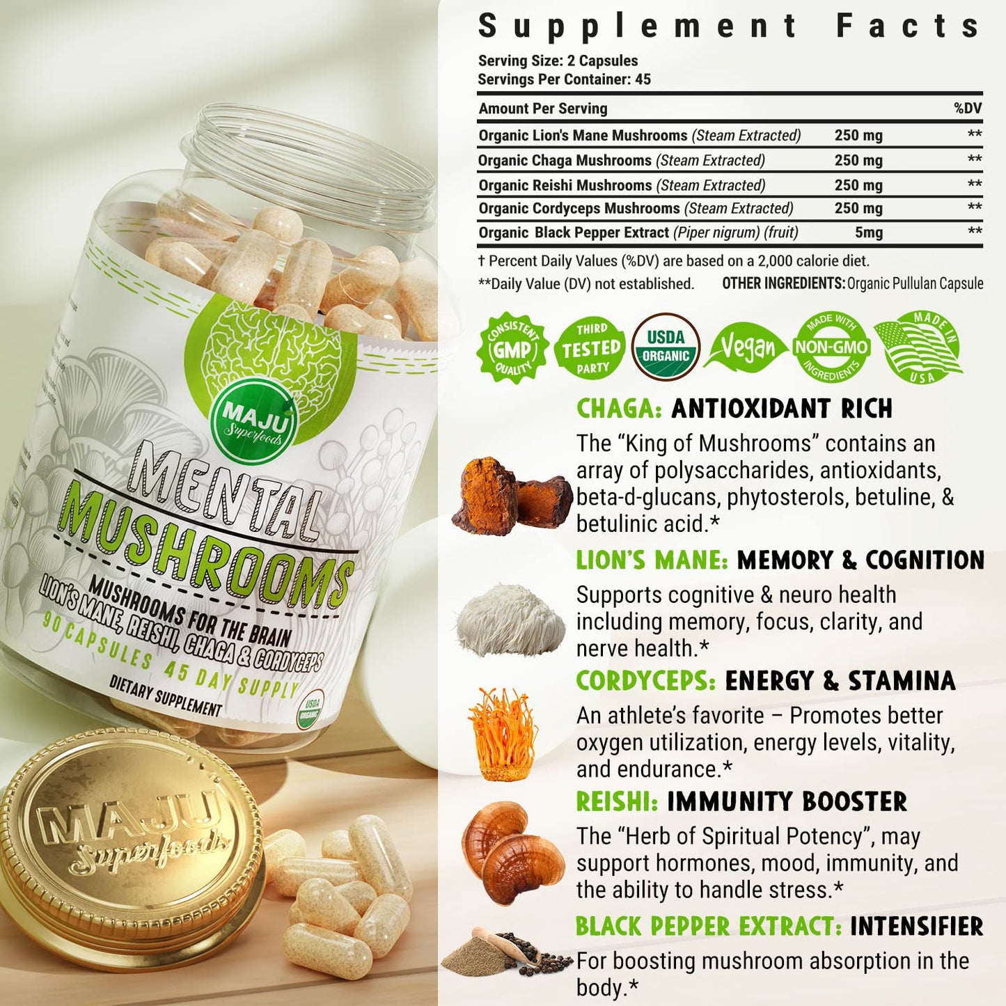 Maju Superfoods MENTAL Mushroom Capsules 90 Count