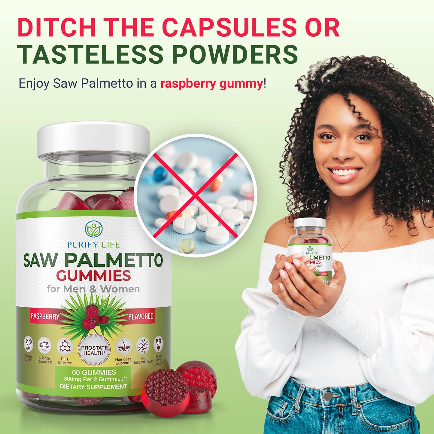 Purify Life Saw Palmetto Gummies for Men & Women - Saw Palmetto Extract Supplement for Hair Appearance, Hormone Balance & Prostate Wellness - Vegan Pectin Formula, Non-GMO, Gluten Free - 60 Count
