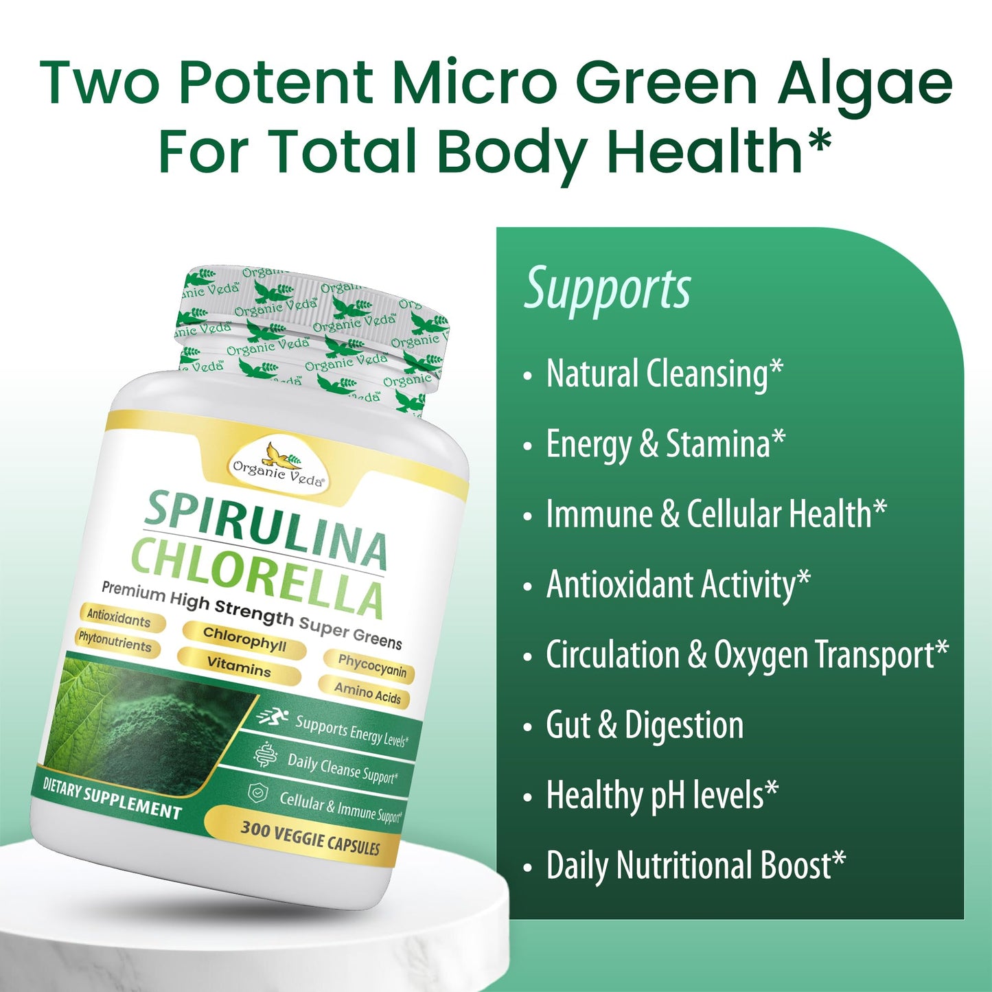 Organic Veda Spirulina Chlorella Capsules, 1500mg, 300 Count