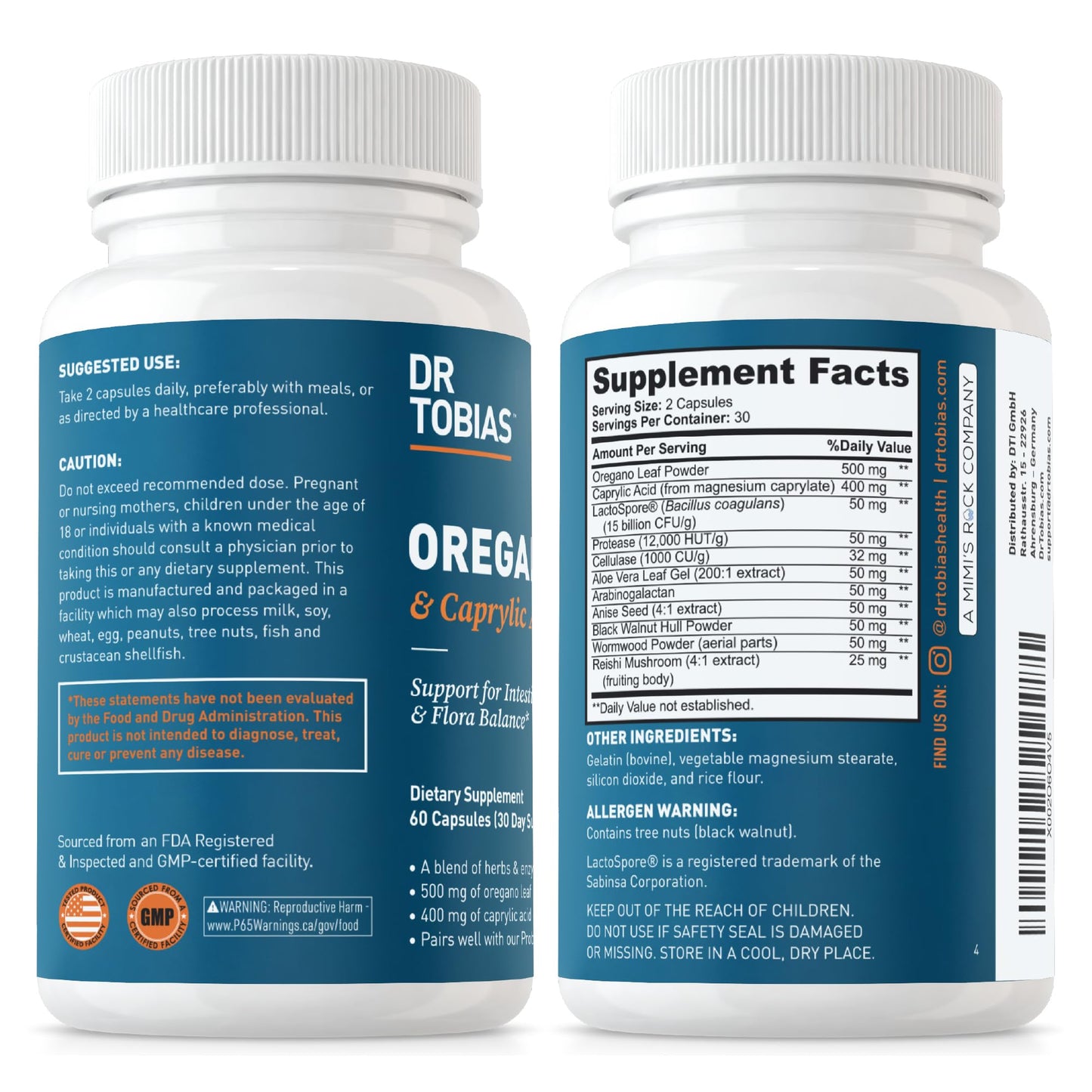 Dr. Tobias Oregano and Caprylic Acid Blend, Gut Flora Balance Complex with Probiotics & Enzymes for Intestinal and Immune Support, Gut Health Supplements for Women & Men, 60 Capsules
