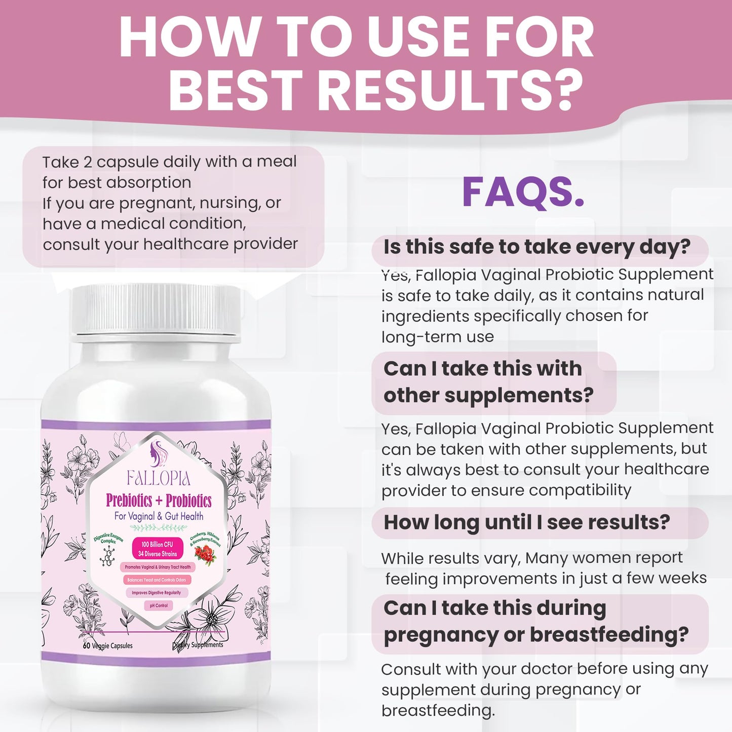 Fallopia Vaginal Probiotics for Women with Prebiotics Cranberry D-Mannose Digestive Enzymes & Hibiscus 34 Strains 100 Billion CFU Feminine Care Supplement for Gut Urinary Health & pH Balance Capsule 60 Count