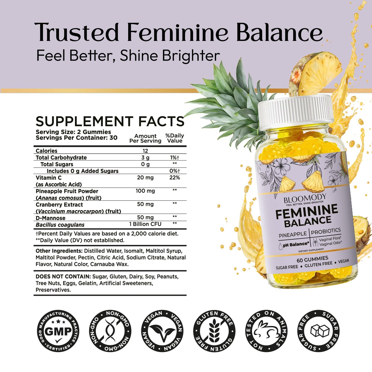 Bloomody Probiotic Feminine Balance Gummies for Women - pH Balance & Vaginal Health Support with Cranberry Vitamin C, Natural Pineapple Flavor, 60 Gummies