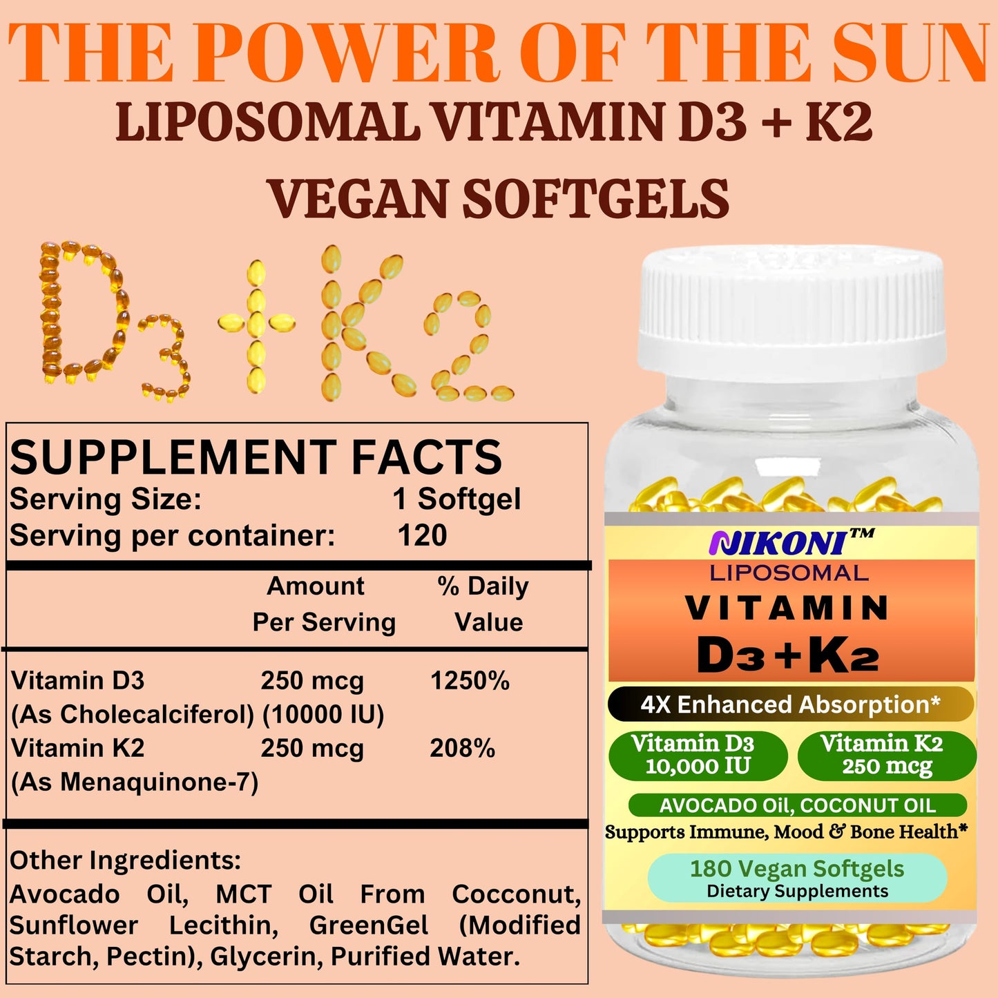 Nikoni Liposomal Vitamin D3 10000 IU & Vitamin K2 (MK-7) 250 mcg Softgels, 180 Count