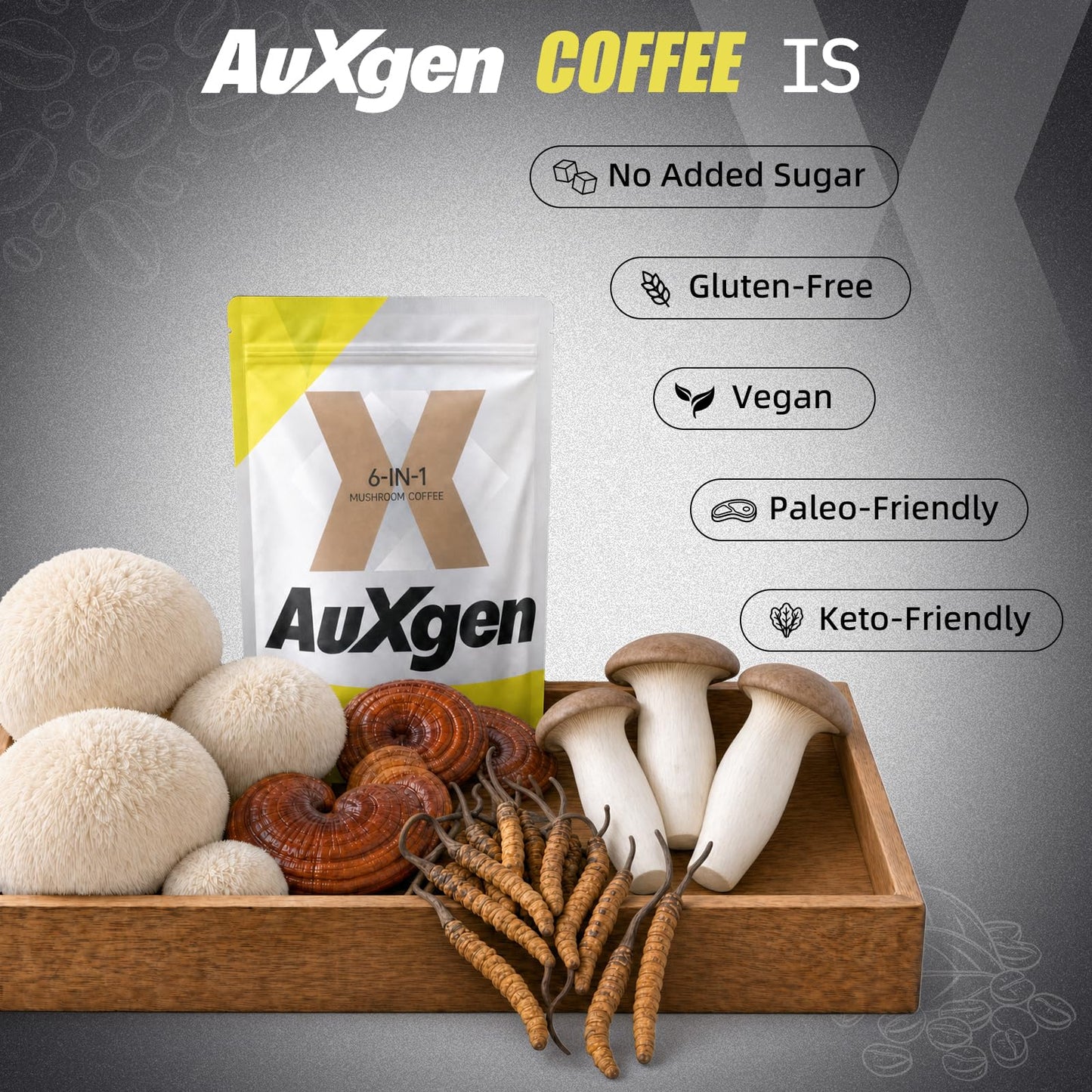 Auxgen 6-Mushroom Instant Coffee Powder for Focus & Energy, 6.35 Ounce