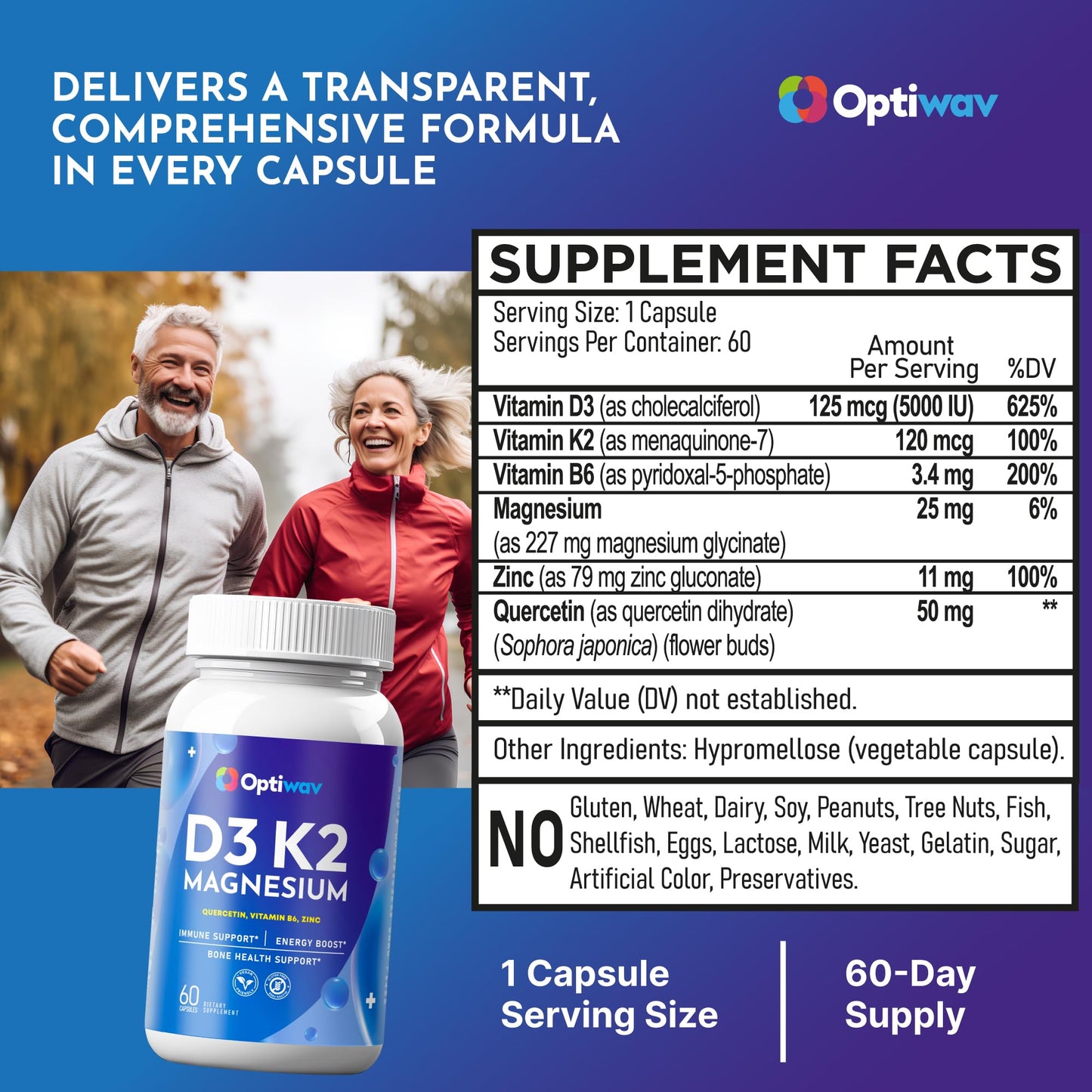 Optiwav Vitamin D3 K2 Magnesium Glycinate Zinc Quercetin Capsule 60 Count