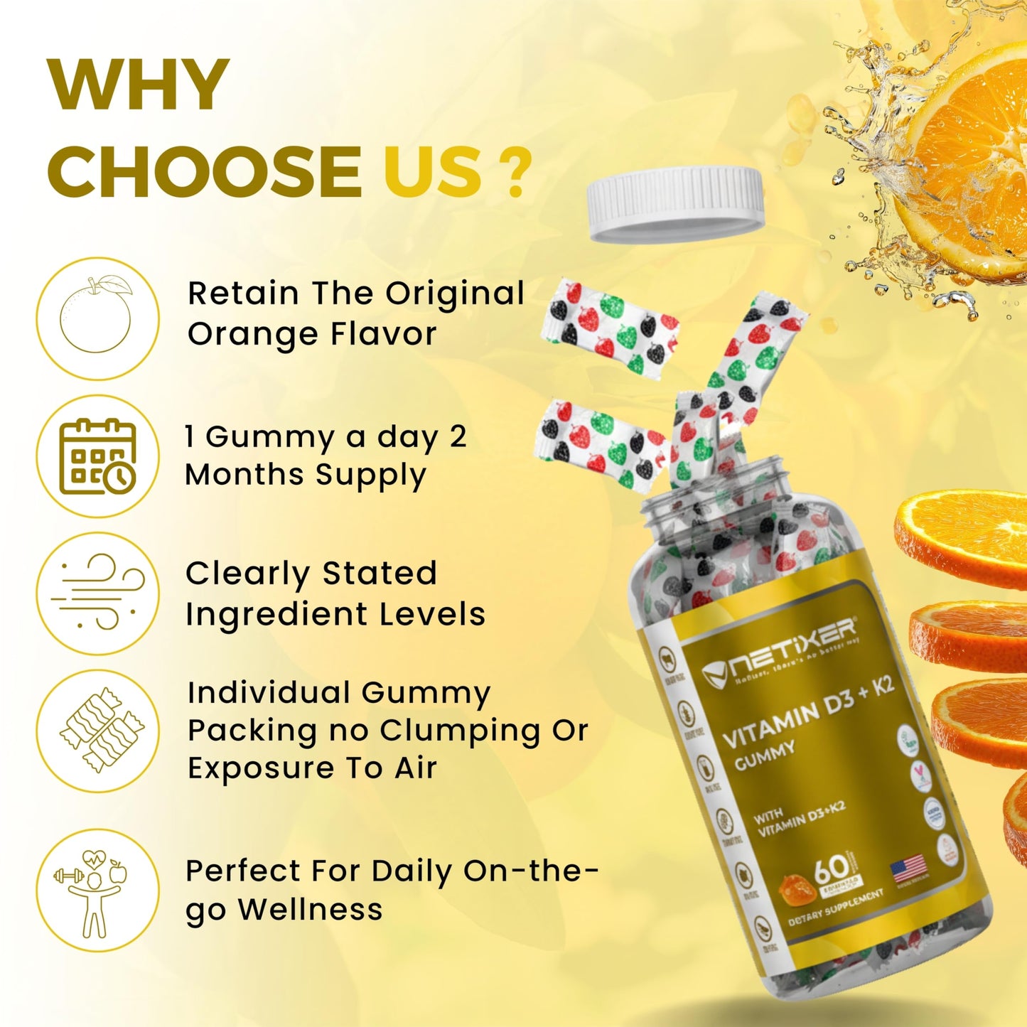 nETiXER Vitamin D3 K2 Gummies 60 Count