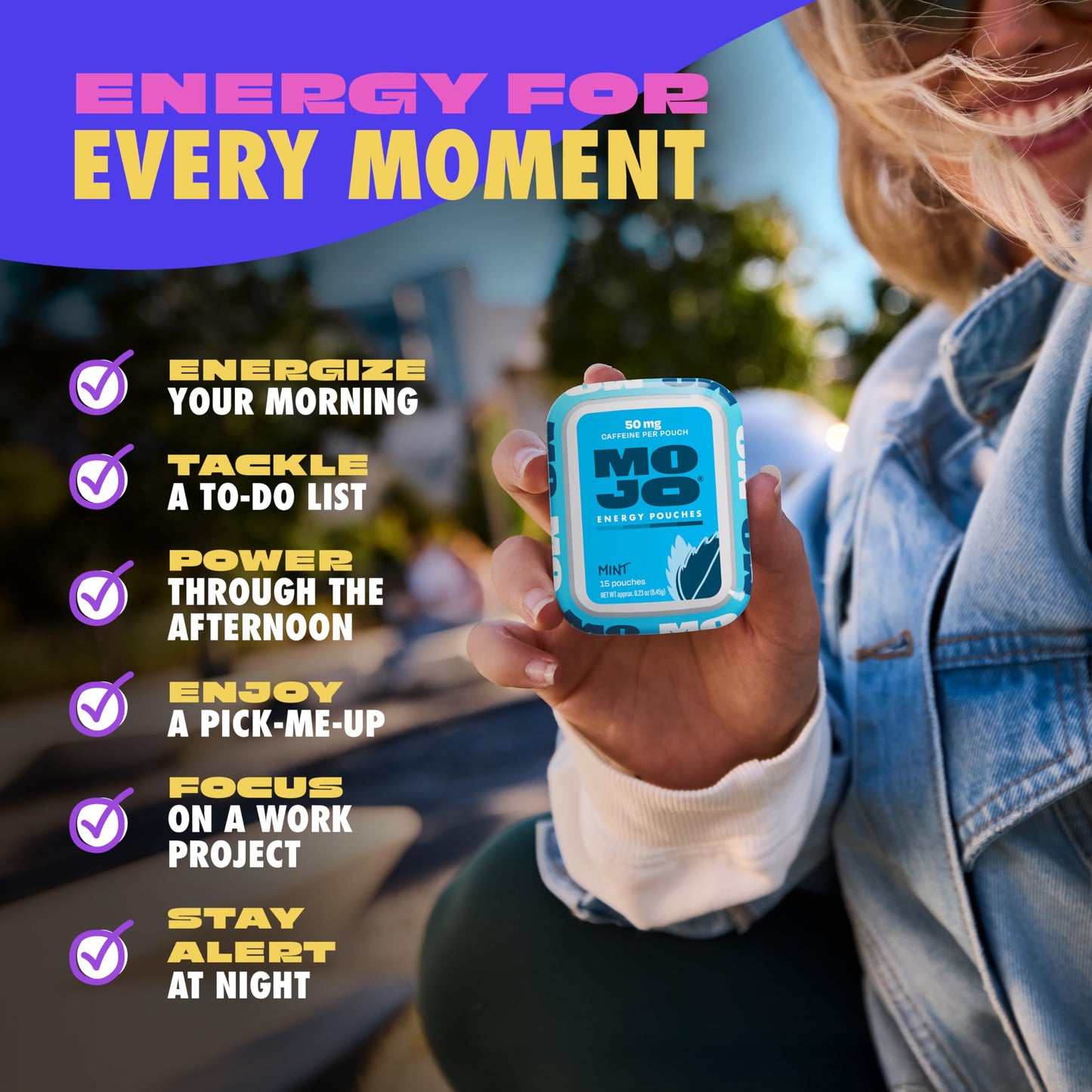 MOJO Energy Pouches Mint Flavor, 50 mg Caffeine per Pouch, 75 Pouches
