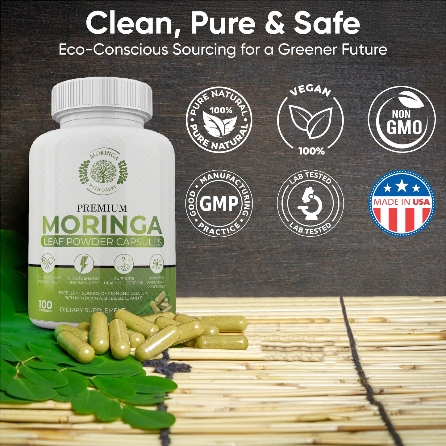 Moringa with Barry Moringa Capsules – 100% Pure Moringa Powder, Vegan Superfood Supplement for Energy, Immunity, Digestion & Vitality – Non-GMO, Gluten-Free – 100 Capsules