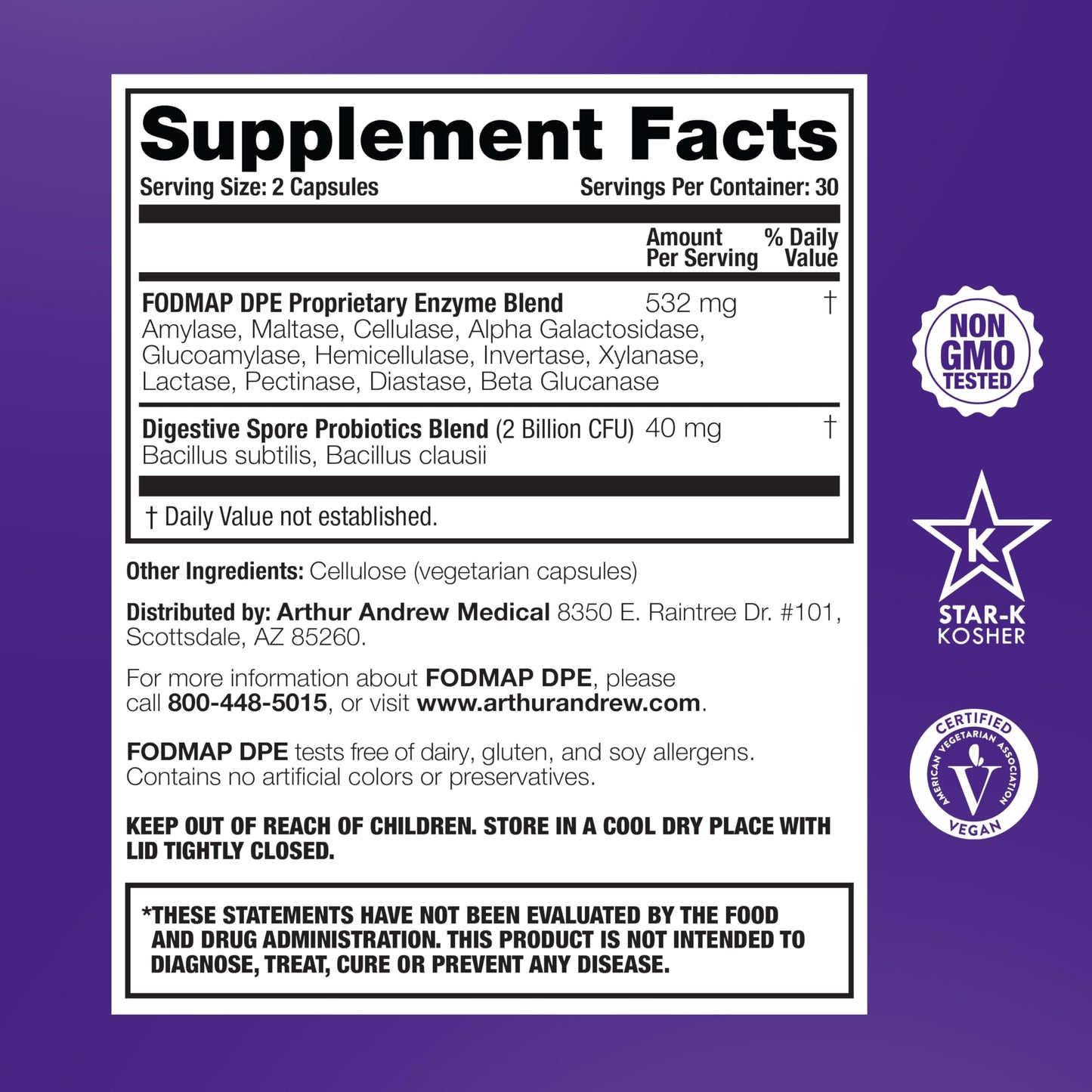Arthur Andrew Medical FODMAP DPE Digestive Probiotics and Enzymes, Relief for FODMAP Intolerance and Highly Fermentable Foods, Vegan, Non-GMO, 60 Capsules