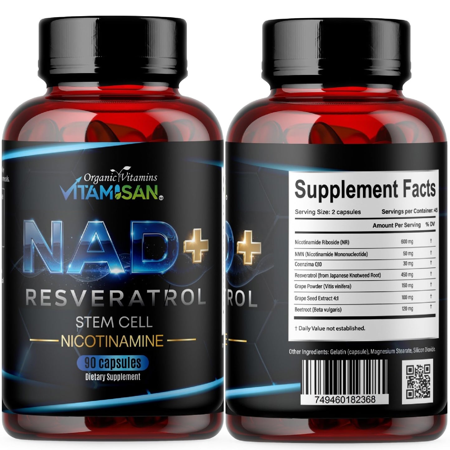 VITAMISAN NAD+ Resveratrol with NMN, NR & CoQ10 – Cellular Energy Support, Anti-Aging & Antioxidant Formula – Stem Cell & Nicotinamide Supplement, 90 Capsules