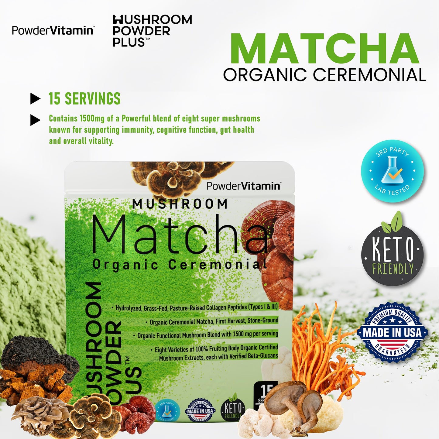 PowderVitamin Organic Ceremonial Mushroom Matcha with Grass-Fed Collagen Types I & III, 8 Fruiting Body Mushrooms, Certified Pesticide-Free, Beta-Glucans Tested, Focus Digestion & Immunity, 4.5 oz Powder