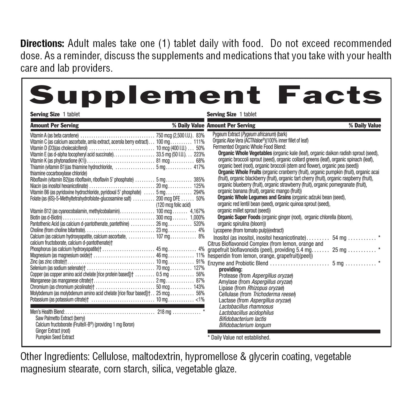 Country Life Core Daily-1 for Men Multivitamin with Probiotics, Saw Palmetto, Pumpkin Seed Extract, and Coenzymated B Vitamins, Gluten-Free and Vegetarian, 60 Tablets