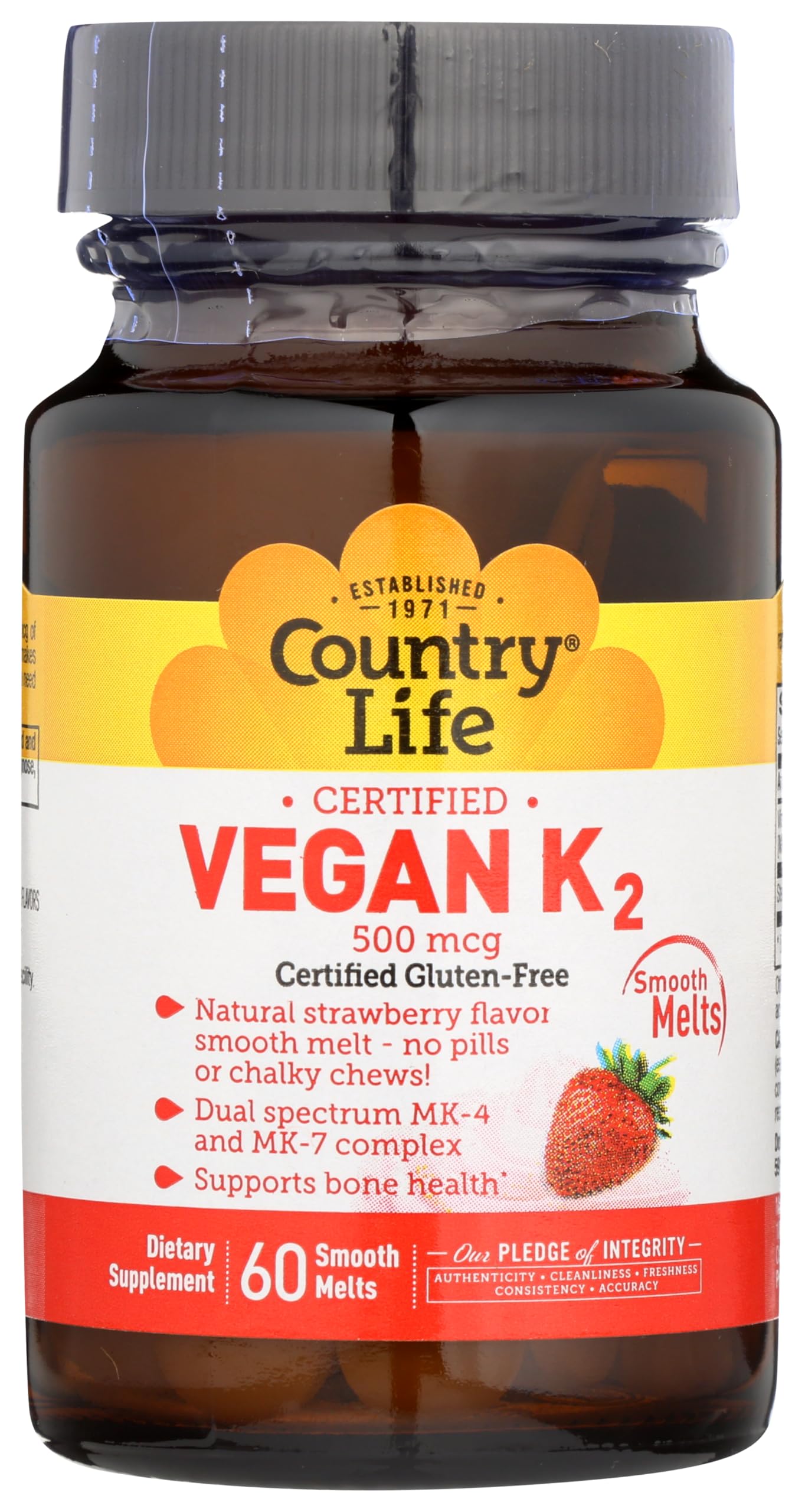 Country Life Vegan K2 Melts 500 MCG Chewable, 60 Count