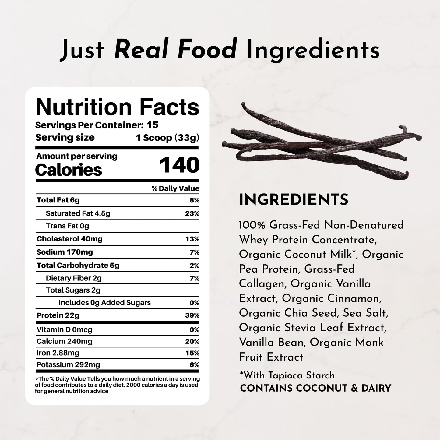 JUST INGREDIENTS Vanilla Protein Powder Grass-Fed Whey Blend, Organic, Gluten Free, Dairy Free, Soy Free, 15 Servings