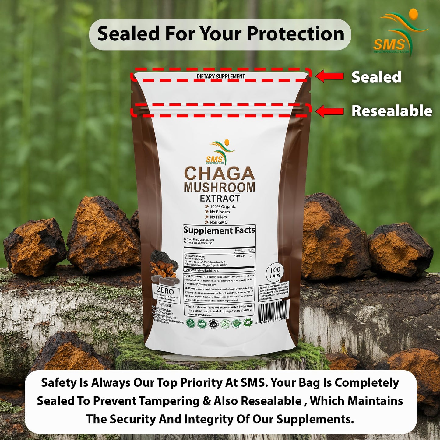 SMSHEALTHPRODUCTS.com Chaga Mushroom Capsules 100 Veggie Caps
