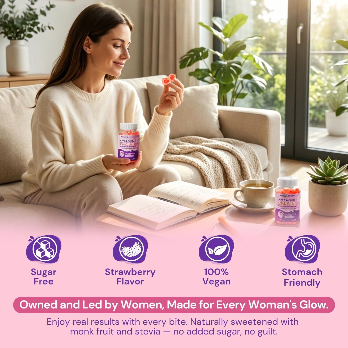 Nextdia Women Sleep Gummies Myo-Inositol & D-Chiro Inositol + Saffron, MTHF Folate, Vitamin B6 & B12, 40:1 Ratio Myo-Inositol Supplement for Hormone Balance, Mood, PCOS & Ovarian, Sugar Free, 60 Gummies
