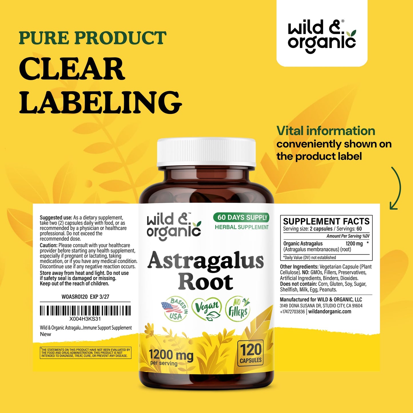 Wild & Organic Astragalus Capsules 1200 mg - Immune Support - Astragalus Root Supplement - 120 Count