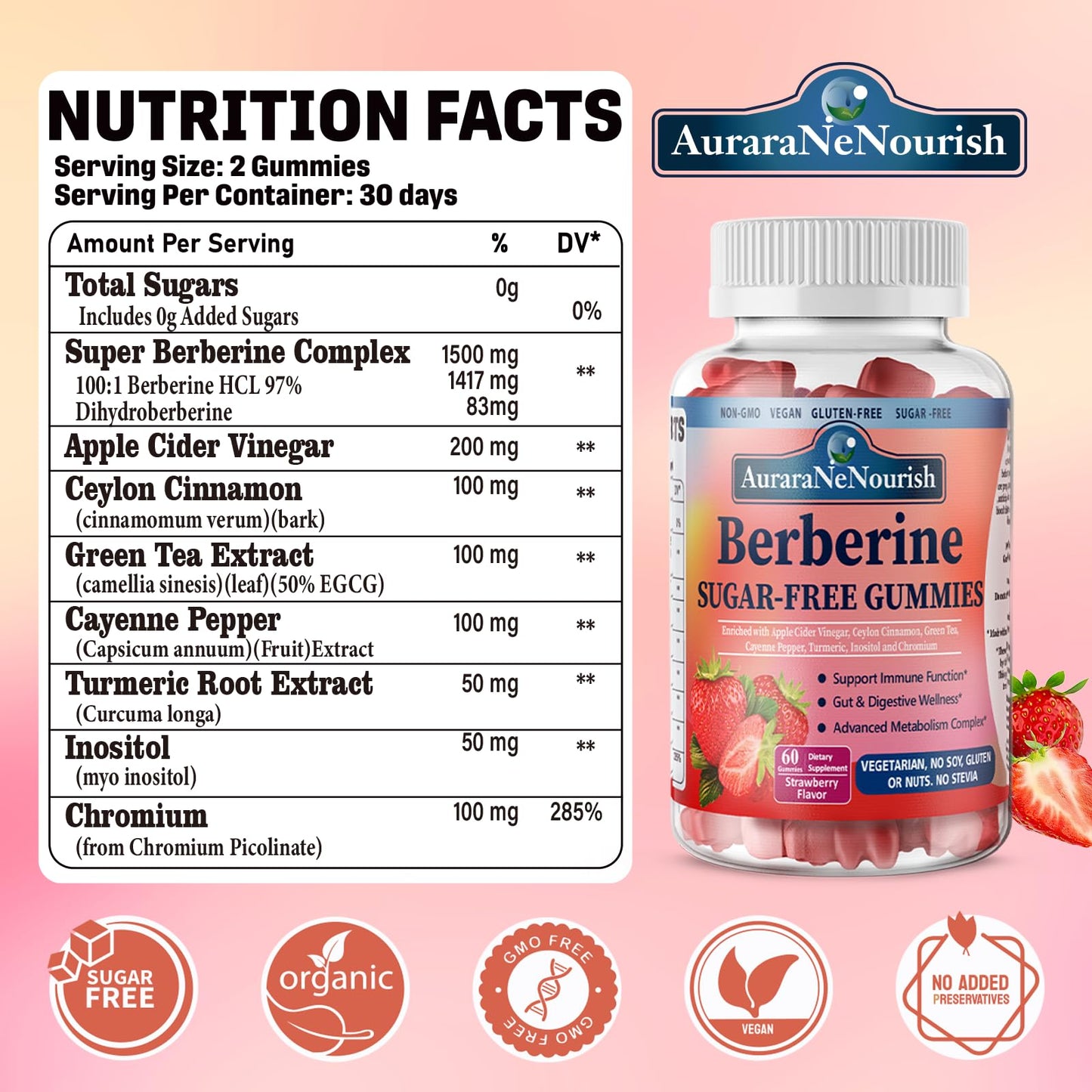 AuraraNeNourish Liposomal Berberine Supplement 1500mg Gummy 60 Count