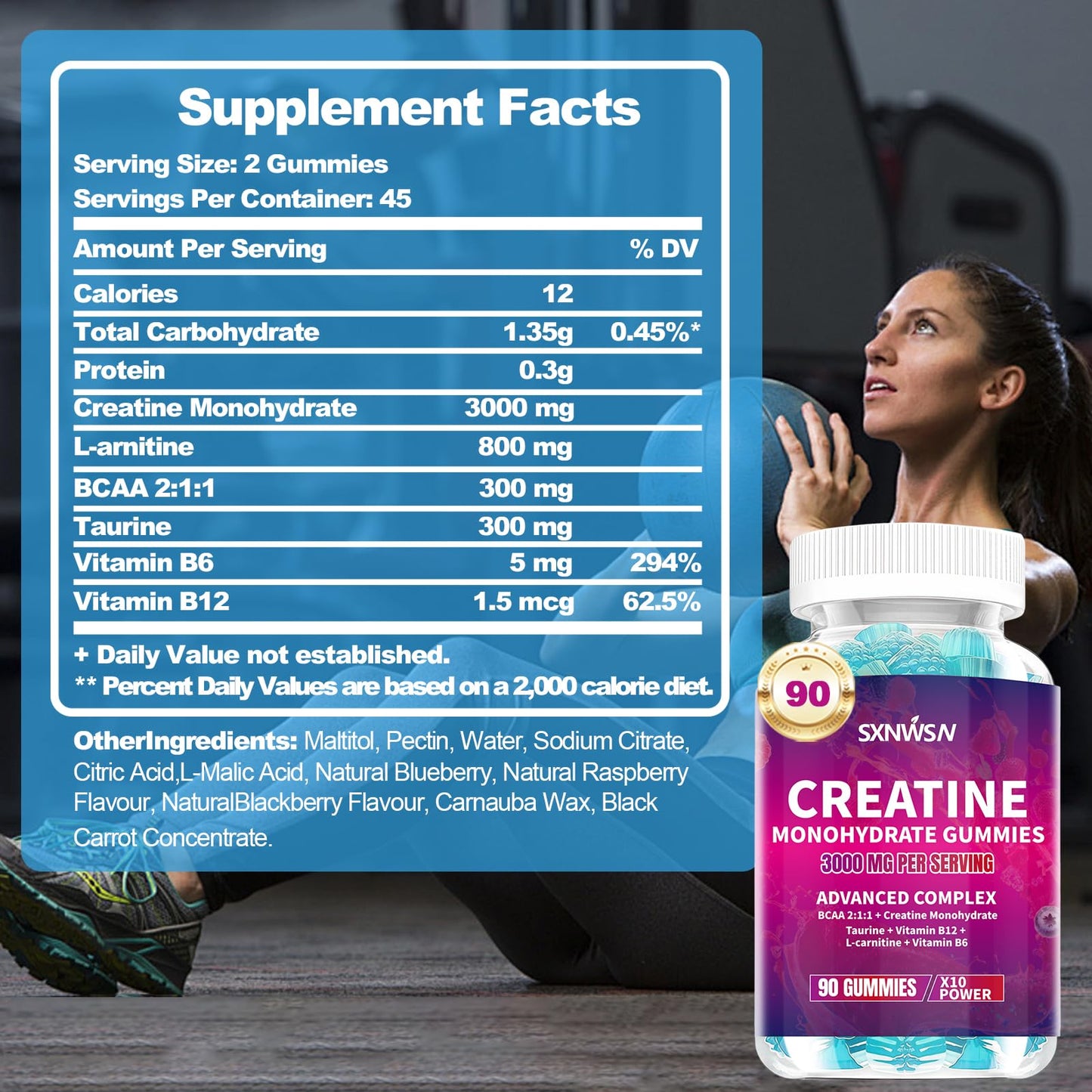 SXNWSN Creatine Monohydrate Gummies, Advanced Complex with BCAA, L-Carnitine, Taurine, B Vitamins, 3000mg per Serving, 90 Count, Blueberry Flavored