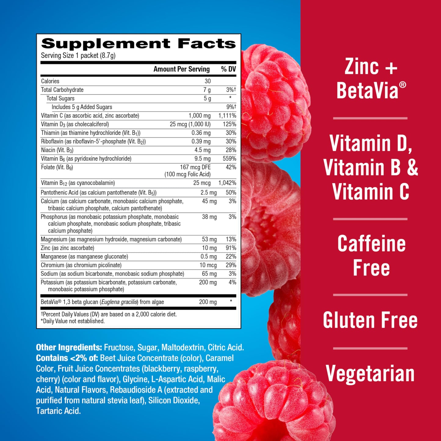 Emergen-C Immune+ Triple Action Immune Support Powder, Raspberry – 30 Count