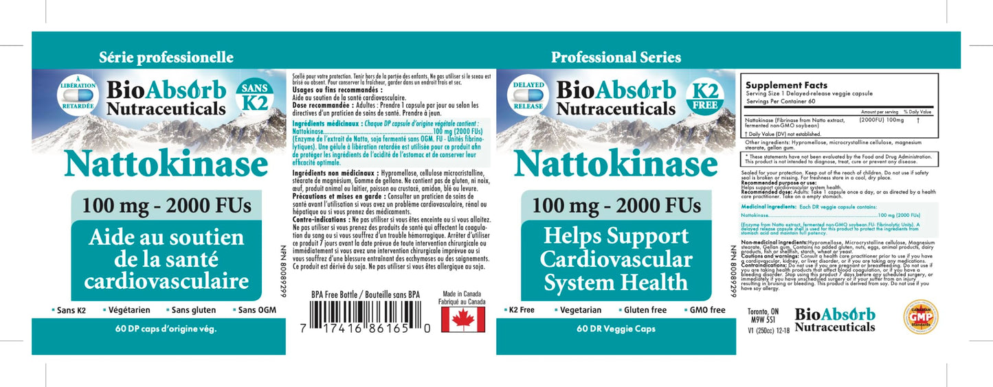 Bio Absorb Nutraceuticals Nattokinase Capsule 2000 FU Delayed Release, 60 Count
